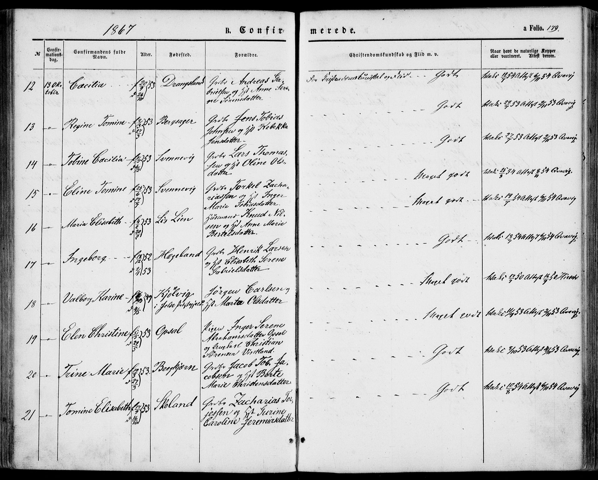 Lyngdal sokneprestkontor, AV/SAK-1111-0029/F/Fa/Fac/L0010: Parish register (official) no. A 10, 1865-1878, p. 179