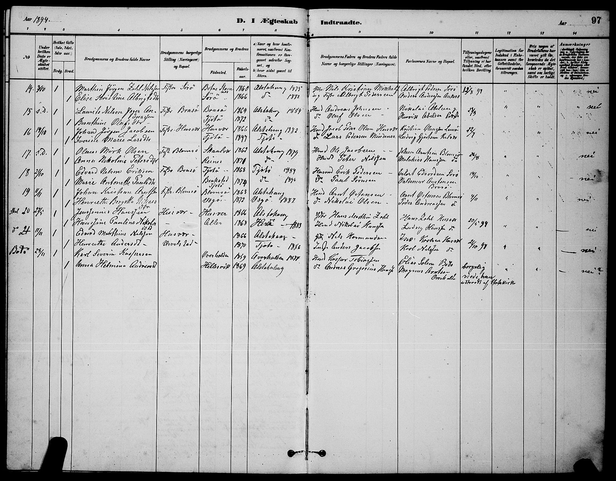 Ministerialprotokoller, klokkerbøker og fødselsregistre - Nordland, SAT/A-1459/830/L0462: Parish register (copy) no. 830C04, 1882-1895, p. 97
