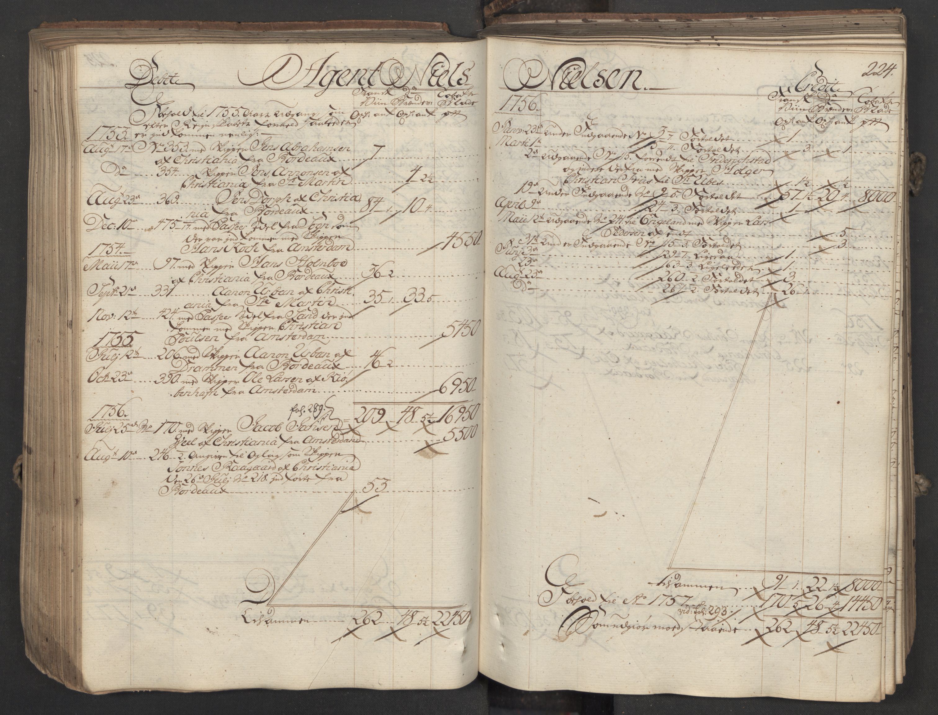 Generaltollkammeret, tollregnskaper, AV/RA-EA-5490/R06/L0037/0001: Tollregnskaper Kristiania / Inngående hovedtollbok, 1756, p. 223b-224a