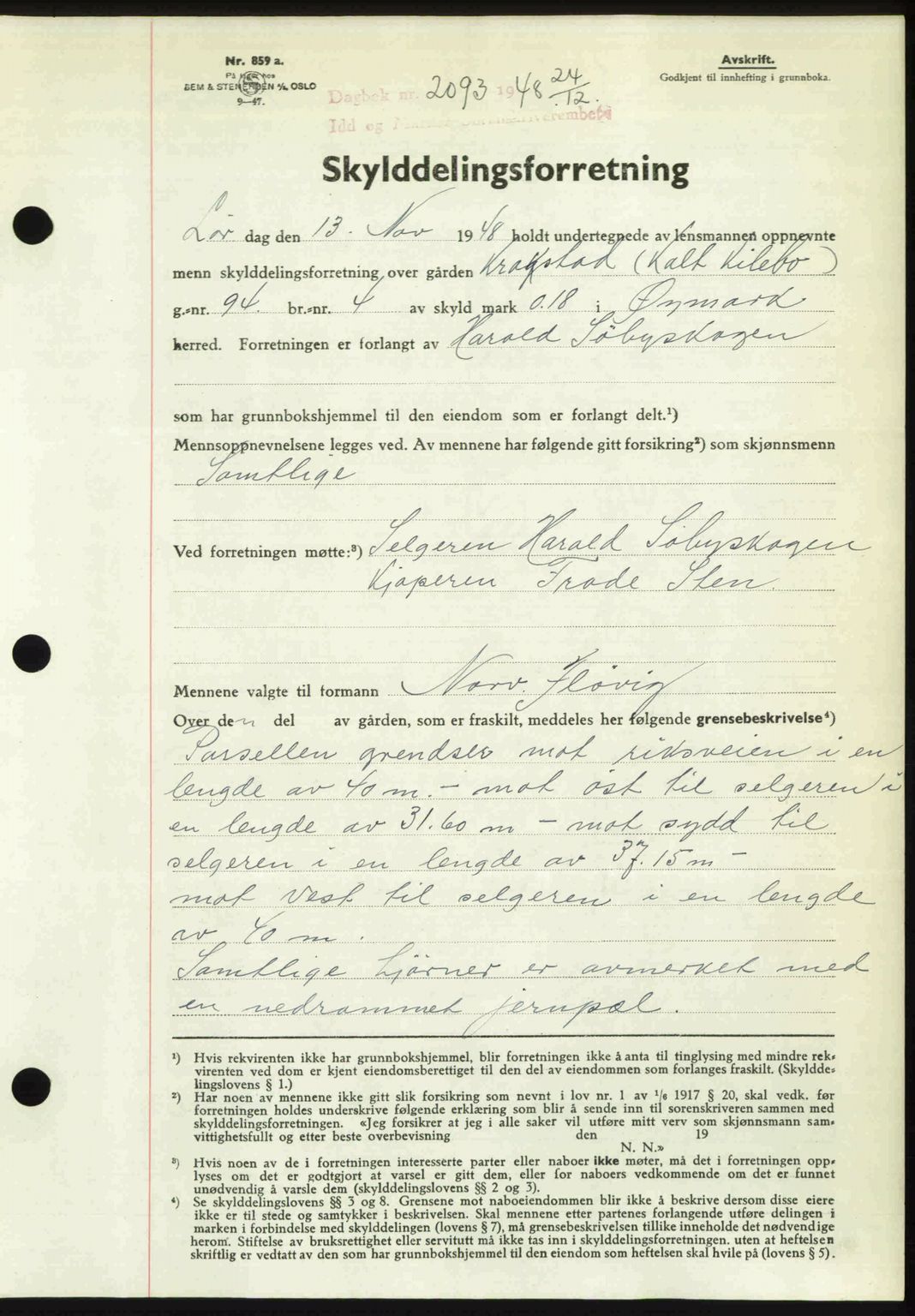 Idd og Marker sorenskriveri, AV/SAO-A-10283/G/Gb/Gbb/L0011: Mortgage book no. A11, 1948-1949, Diary no: : 2093/1948