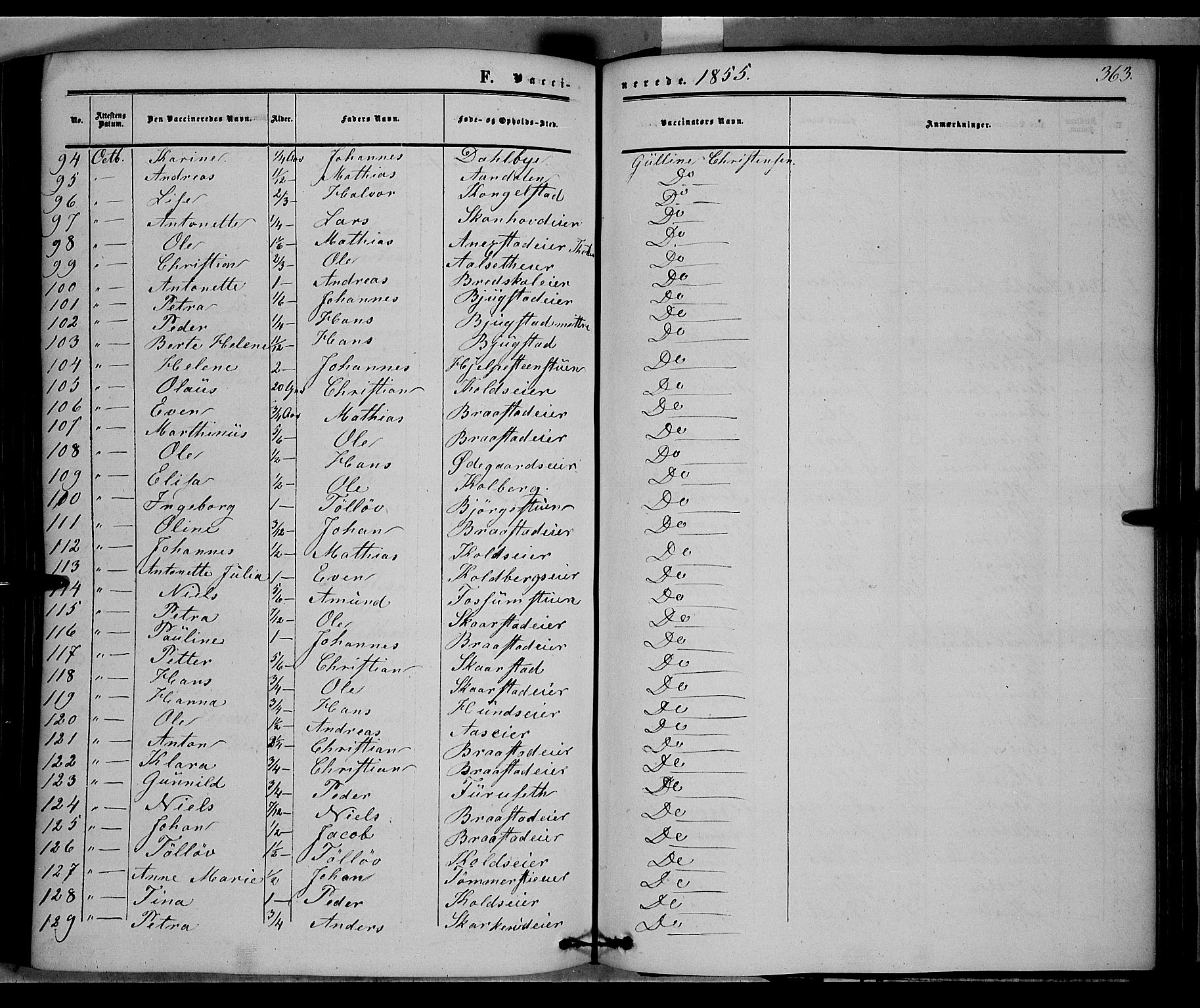 Vardal prestekontor, SAH/PREST-100/H/Ha/Haa/L0006: Parish register (official) no. 6, 1854-1866, p. 363