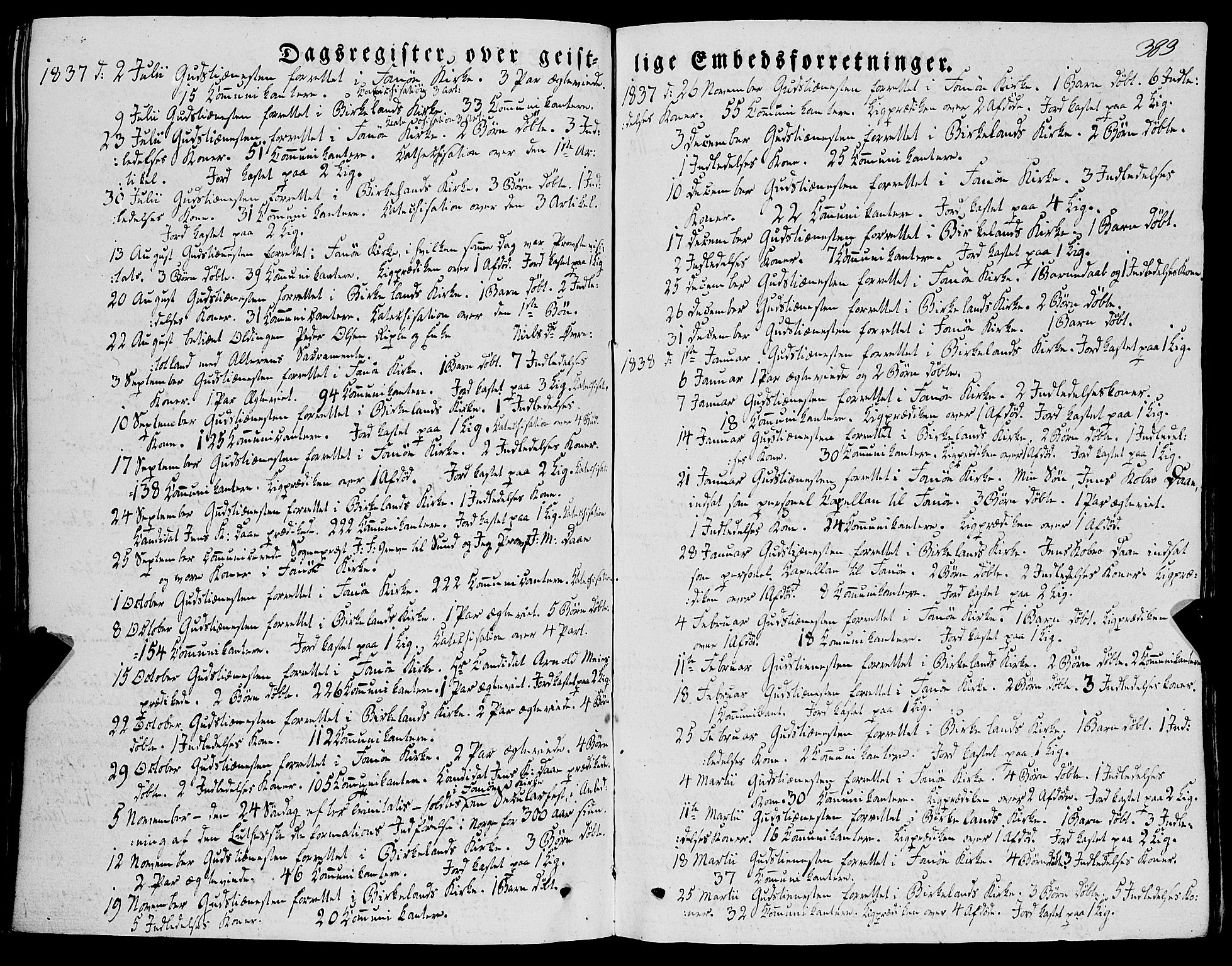 Fana Sokneprestembete, SAB/A-75101/H/Haa/Haaa/L0008: Parish register (official) no. A 8, 1829-1851, p. 383
