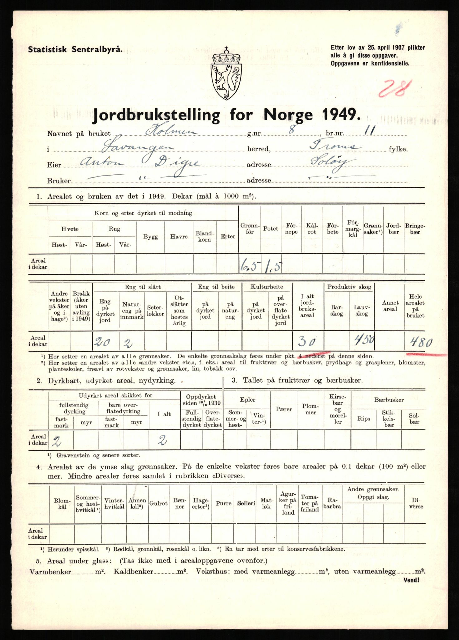 Statistisk sentralbyrå, Næringsøkonomiske emner, Jordbruk, skogbruk, jakt, fiske og fangst, AV/RA-S-2234/G/Gc/L0437: Troms: Gratangen og Lavangen, 1949, p. 161