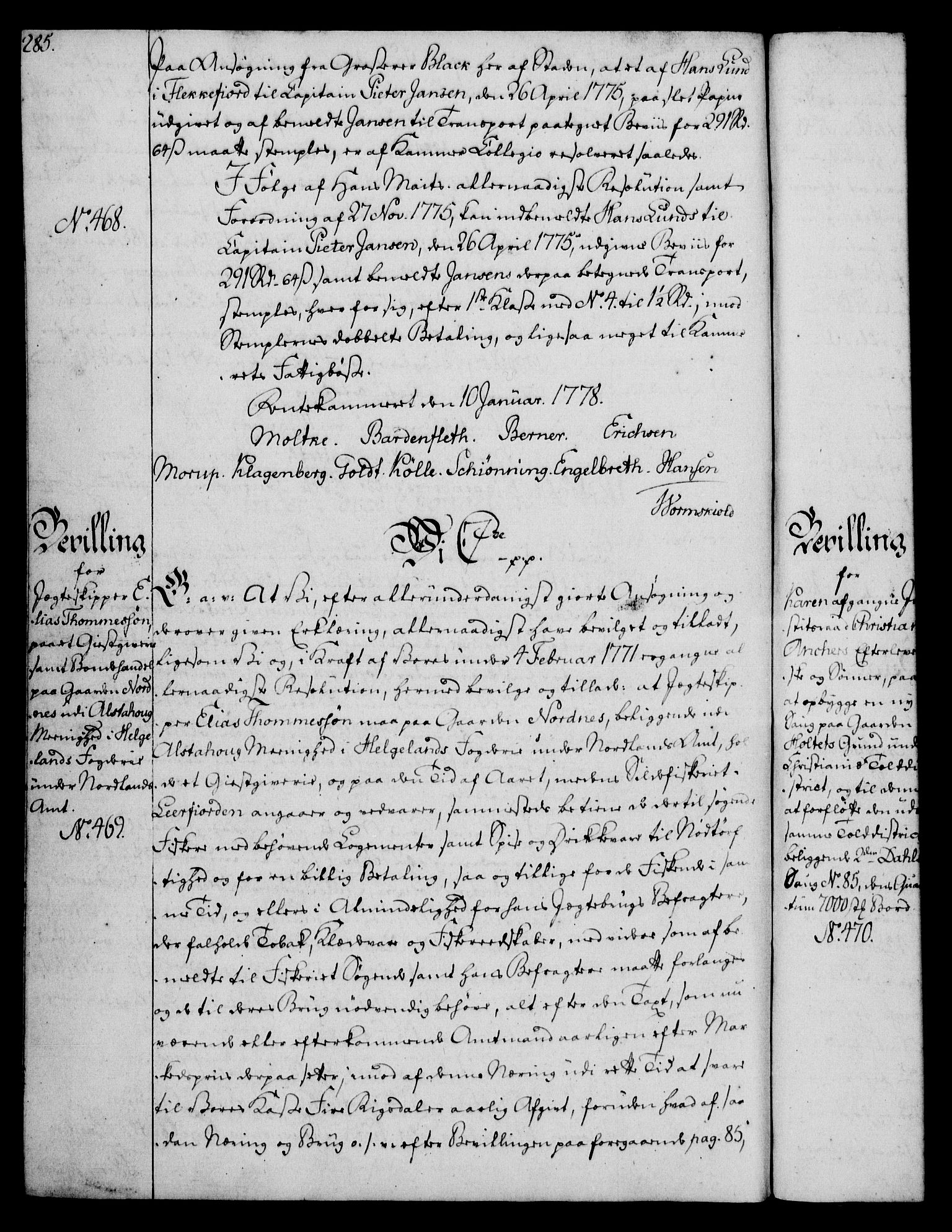 Rentekammeret, Kammerkanselliet, RA/EA-3111/G/Gg/Gga/L0010: Norsk ekspedisjonsprotokoll med register (merket RK 53.10), 1773-1778, p. 285