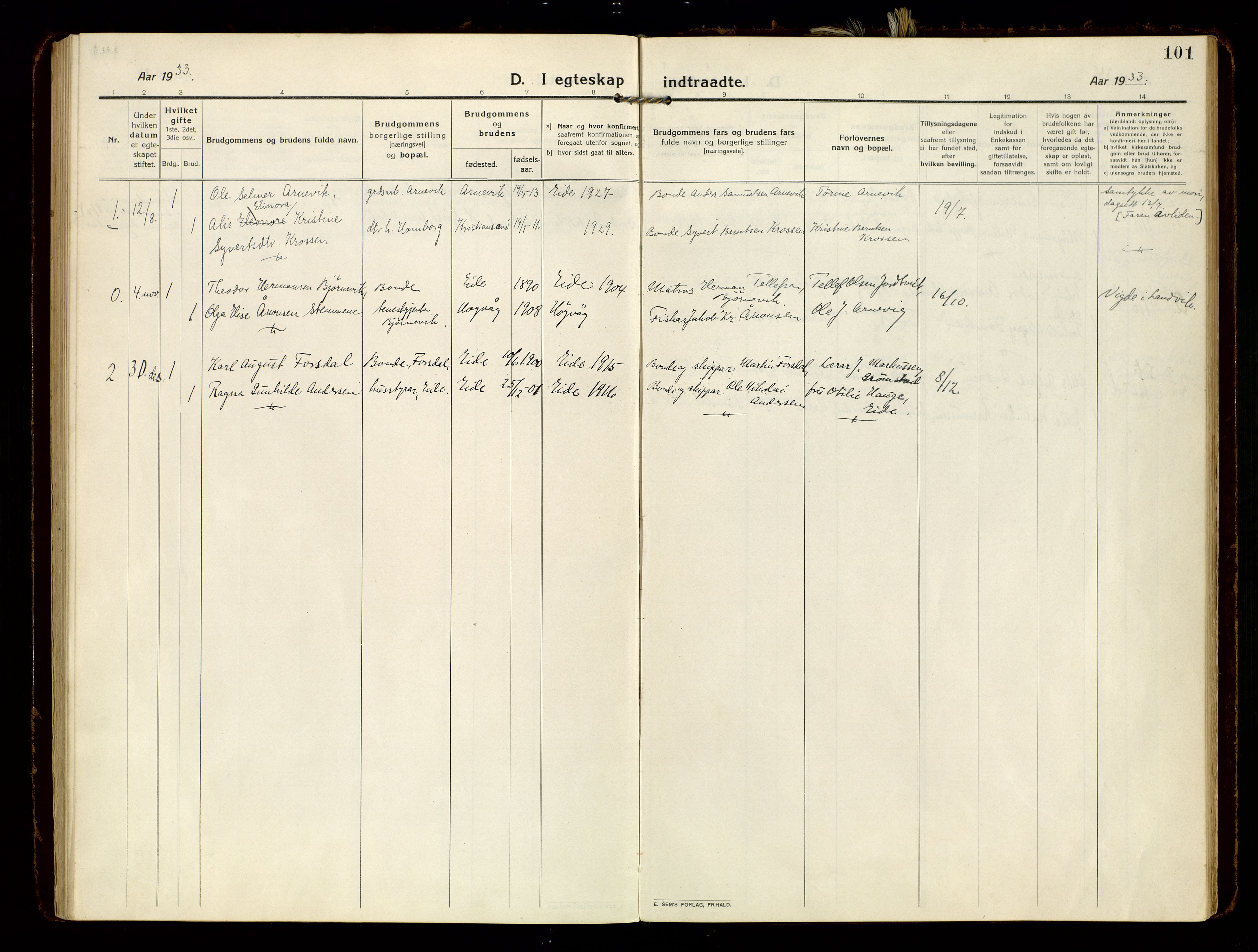Hommedal sokneprestkontor, SAK/1111-0023/F/Fa/Faa/L0004: Parish register (official) no. A 4, 1916-1945, p. 101
