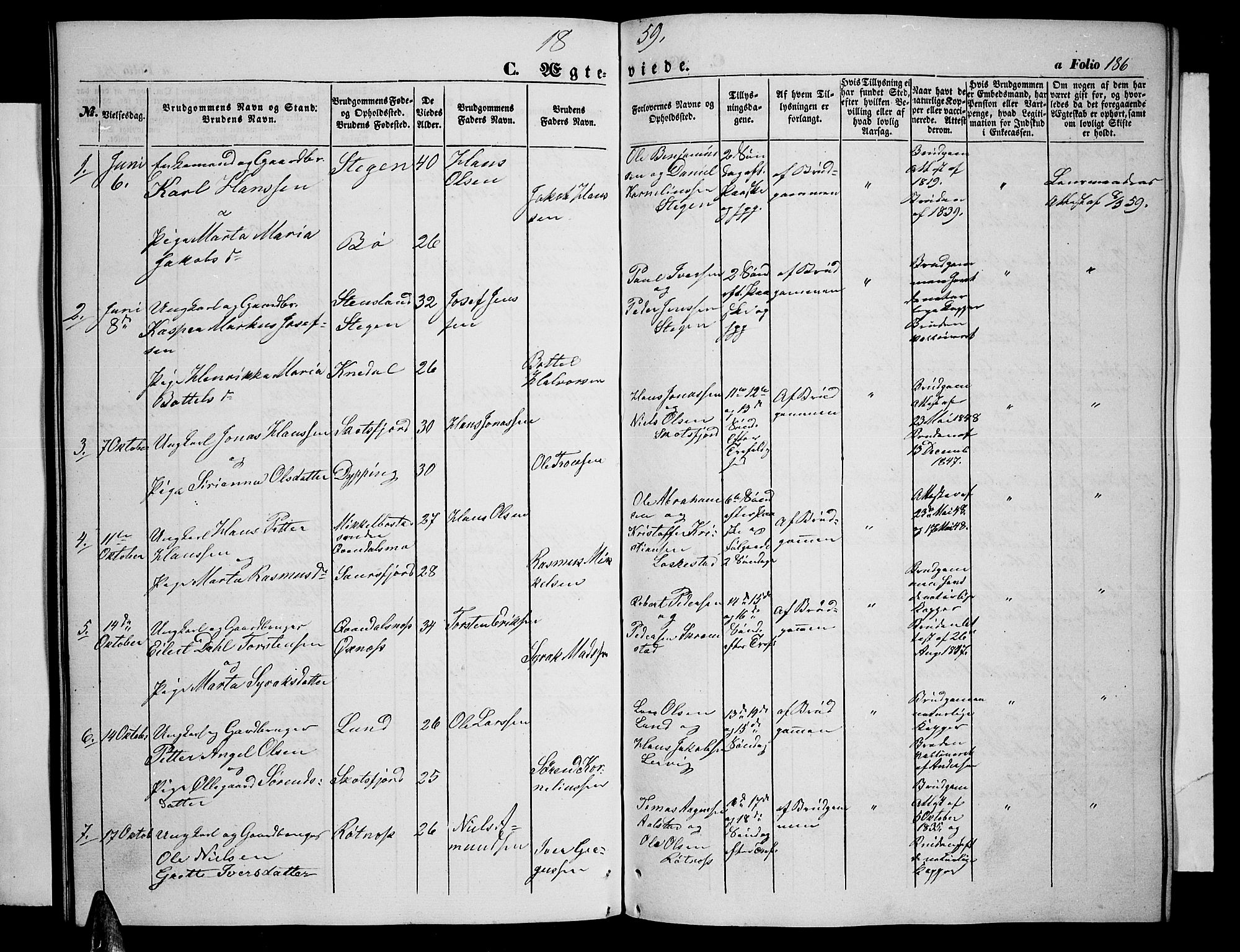 Ministerialprotokoller, klokkerbøker og fødselsregistre - Nordland, AV/SAT-A-1459/855/L0814: Parish register (copy) no. 855C03, 1851-1864, p. 186