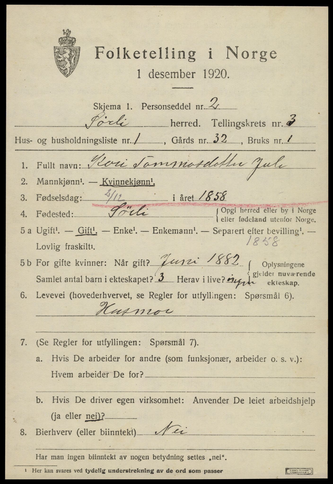 SAT, 1920 census for Sørli, 1920, p. 1065