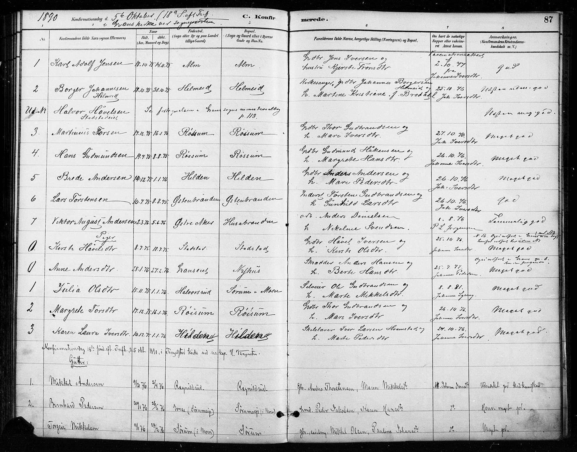 Gran prestekontor, AV/SAH-PREST-112/H/Ha/Haa/L0018: Parish register (official) no. 18, 1889-1899, p. 87