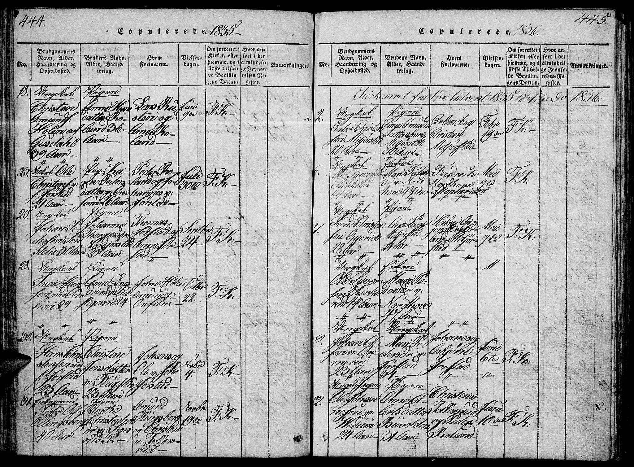 Fåberg prestekontor, SAH/PREST-086/H/Ha/Hab/L0004: Parish register (copy) no. 4, 1818-1837, p. 444-445