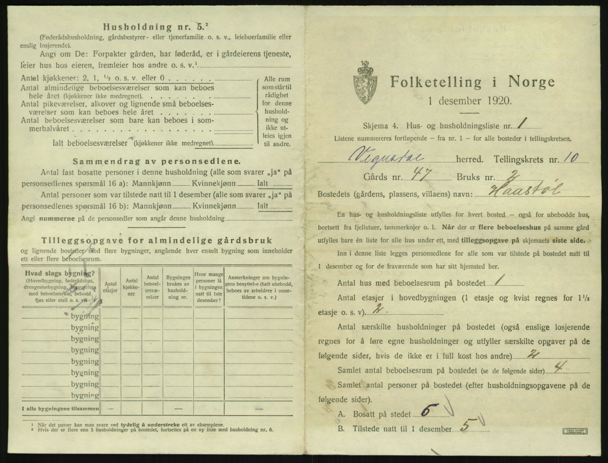 SAK, 1920 census for Vegusdal, 1920, p. 345