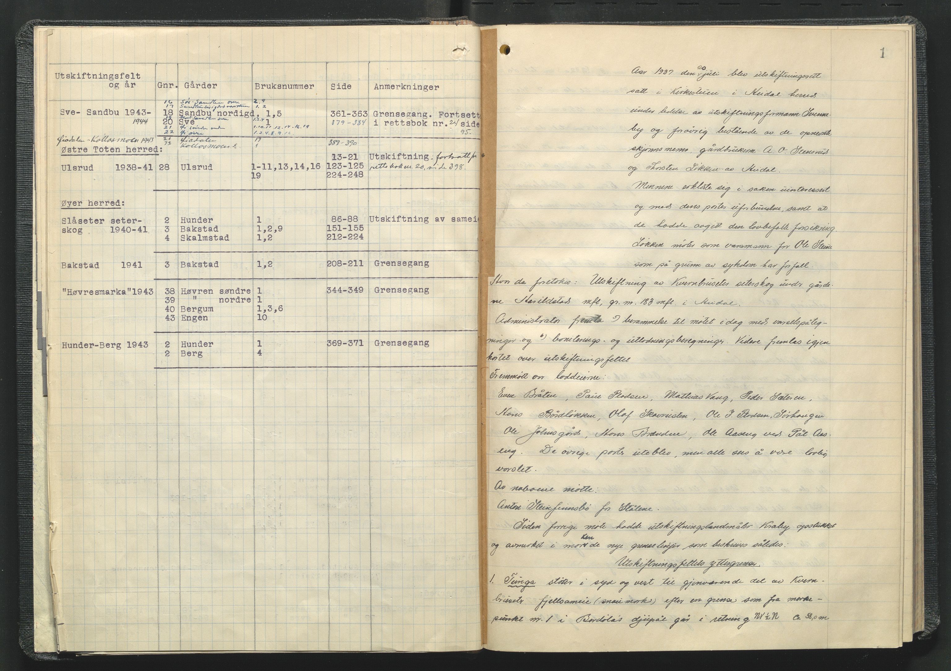 Utskiftningsformannen i Oppland fylke, SAH/JORDSKIFTEO-001/G/Ga/L0012/0001: Rettsbøker / Rettsbok - protokoll nr. 23, 1937-1944, p. 1