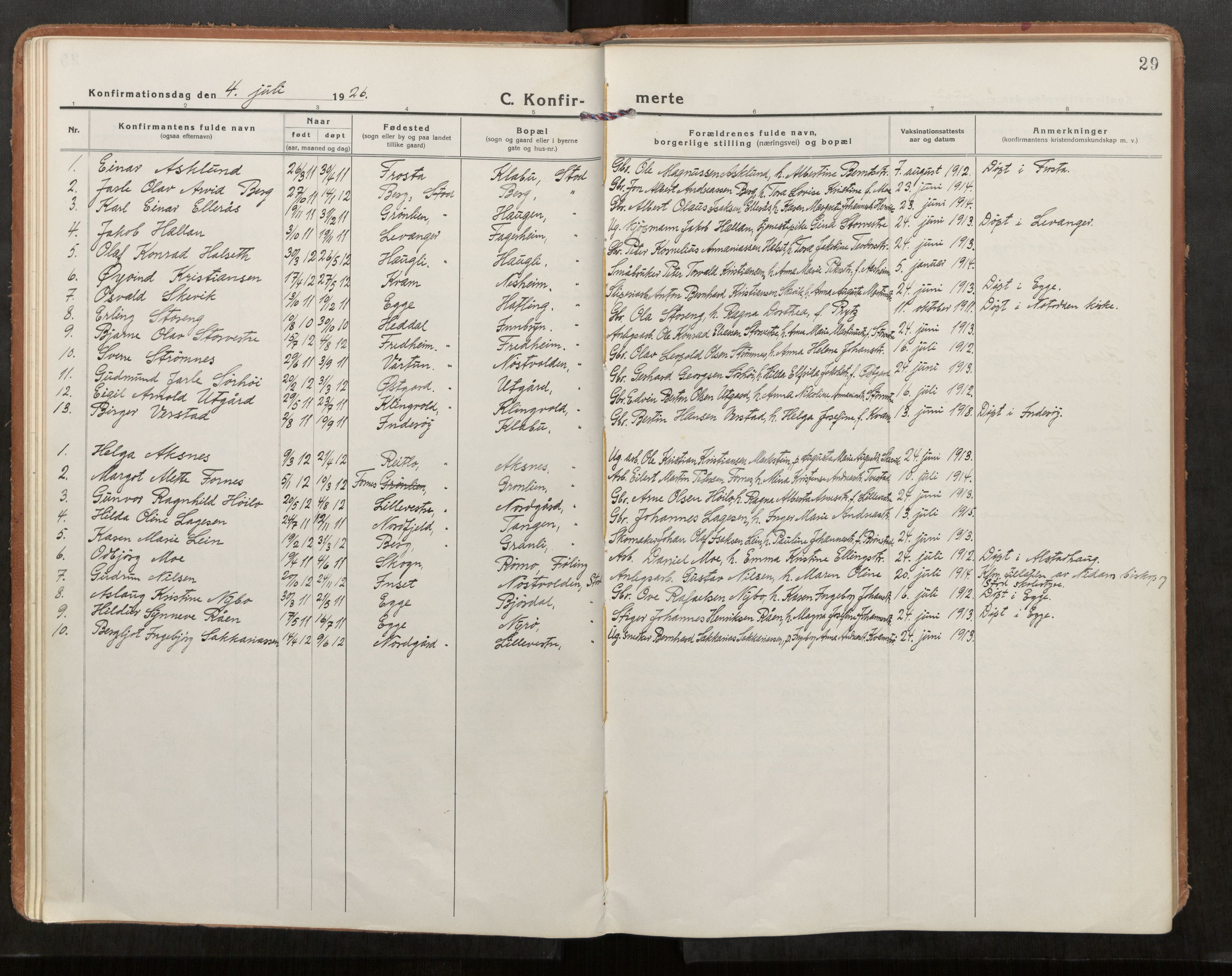 Stod sokneprestkontor, AV/SAT-A-1164/1/I/I1/I1a/L0005: Parish register (official) no. 5, 1923-1932, p. 29