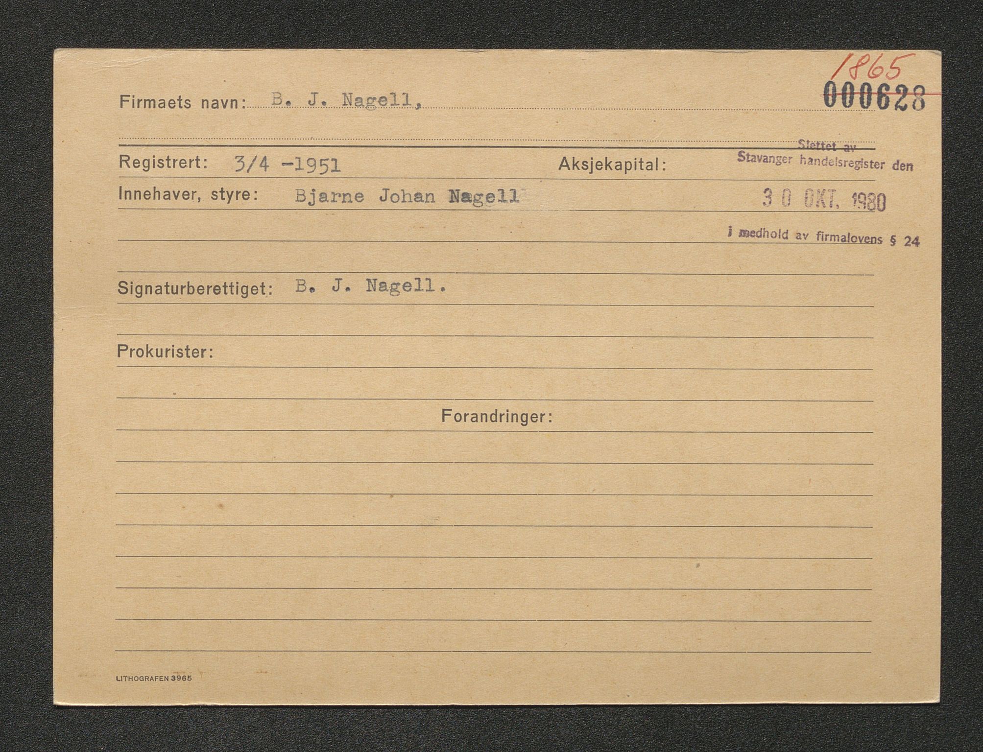 Stavanger byfogd, AV/SAST-A-101408/001/4/42/422/4221A/L0003: Register over slettede firma: L - O, 1891-1987, p. 443