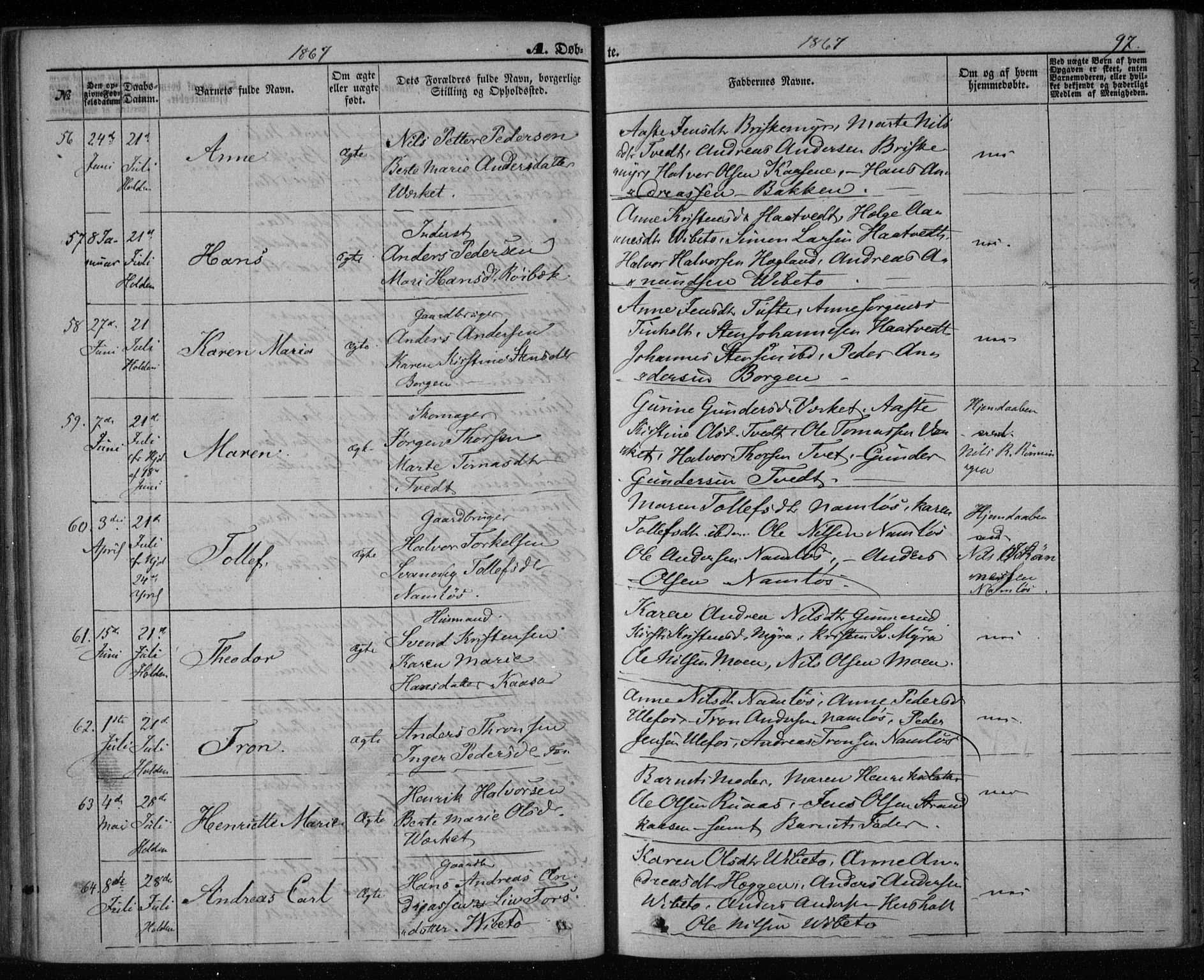 Holla kirkebøker, SAKO/A-272/F/Fa/L0006: Parish register (official) no. 6, 1861-1869, p. 97