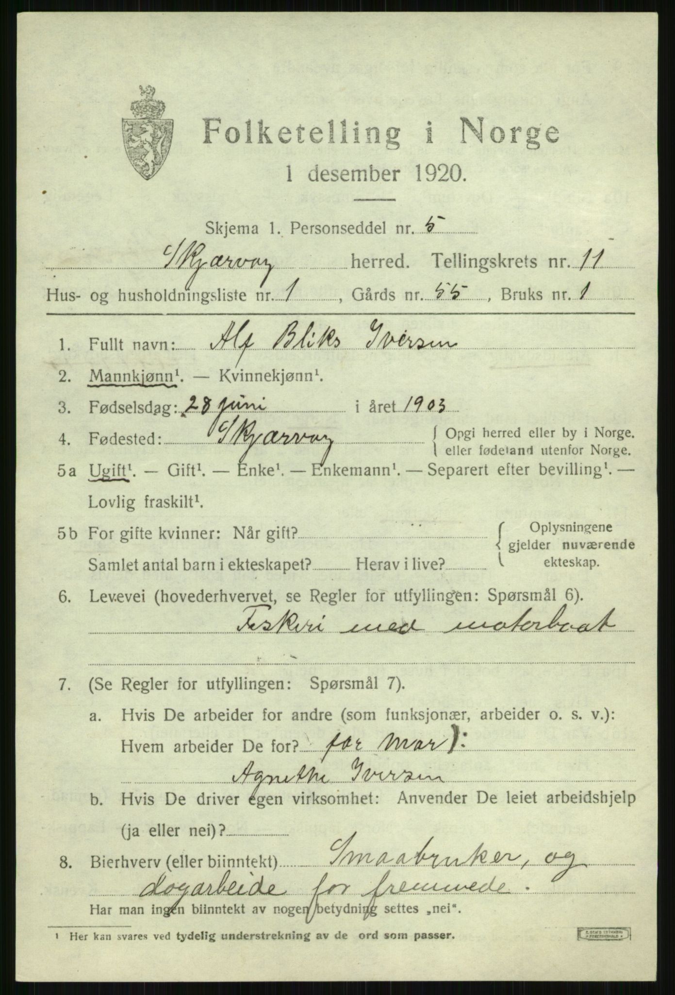 SATØ, 1920 census for Skjervøy, 1920, p. 5609