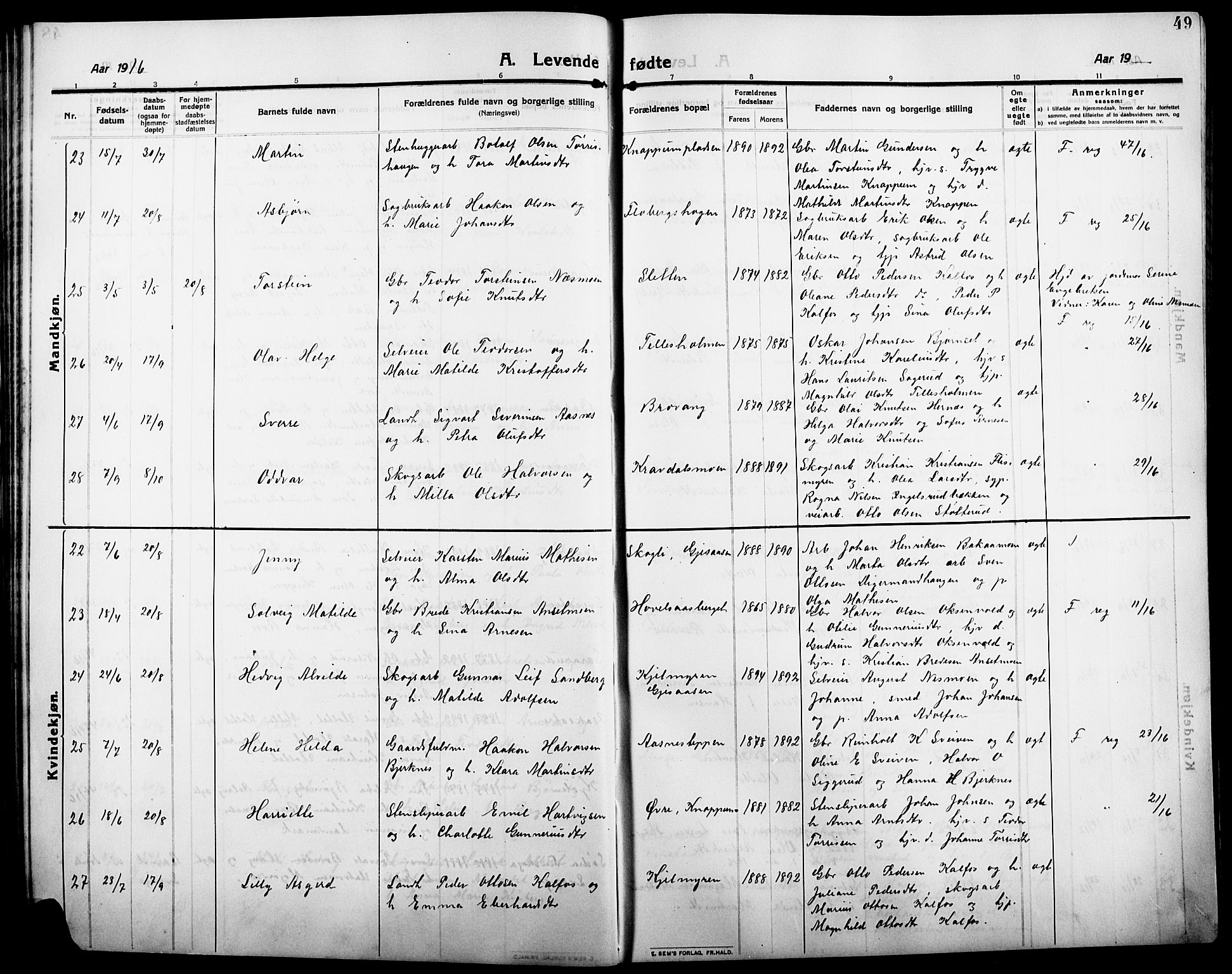 Åsnes prestekontor, AV/SAH-PREST-042/H/Ha/Hab/L0007: Parish register (copy) no. 7, 1909-1926, p. 49