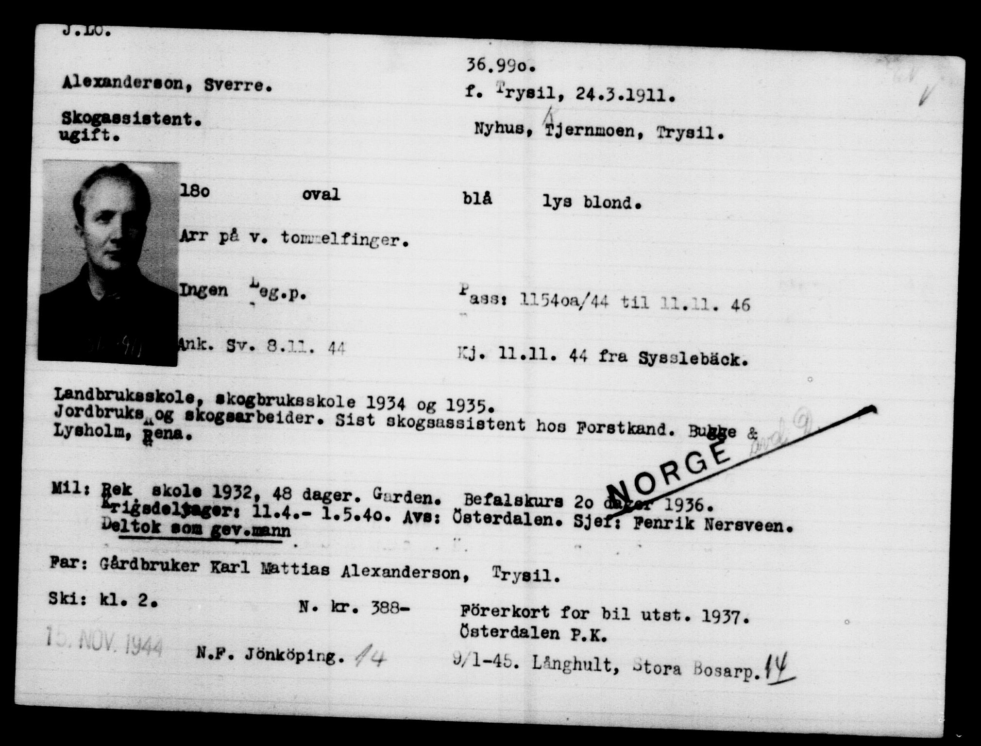 Utenriksstasjonene, Legasjonen i Stockholm, Flyktningkontoret, AV/RA-S-6753/V/Va/L0014: Kjesäterkartoteket, flyktninger med registreringsnr. 34700-37855, 1940-1945, p. 2410