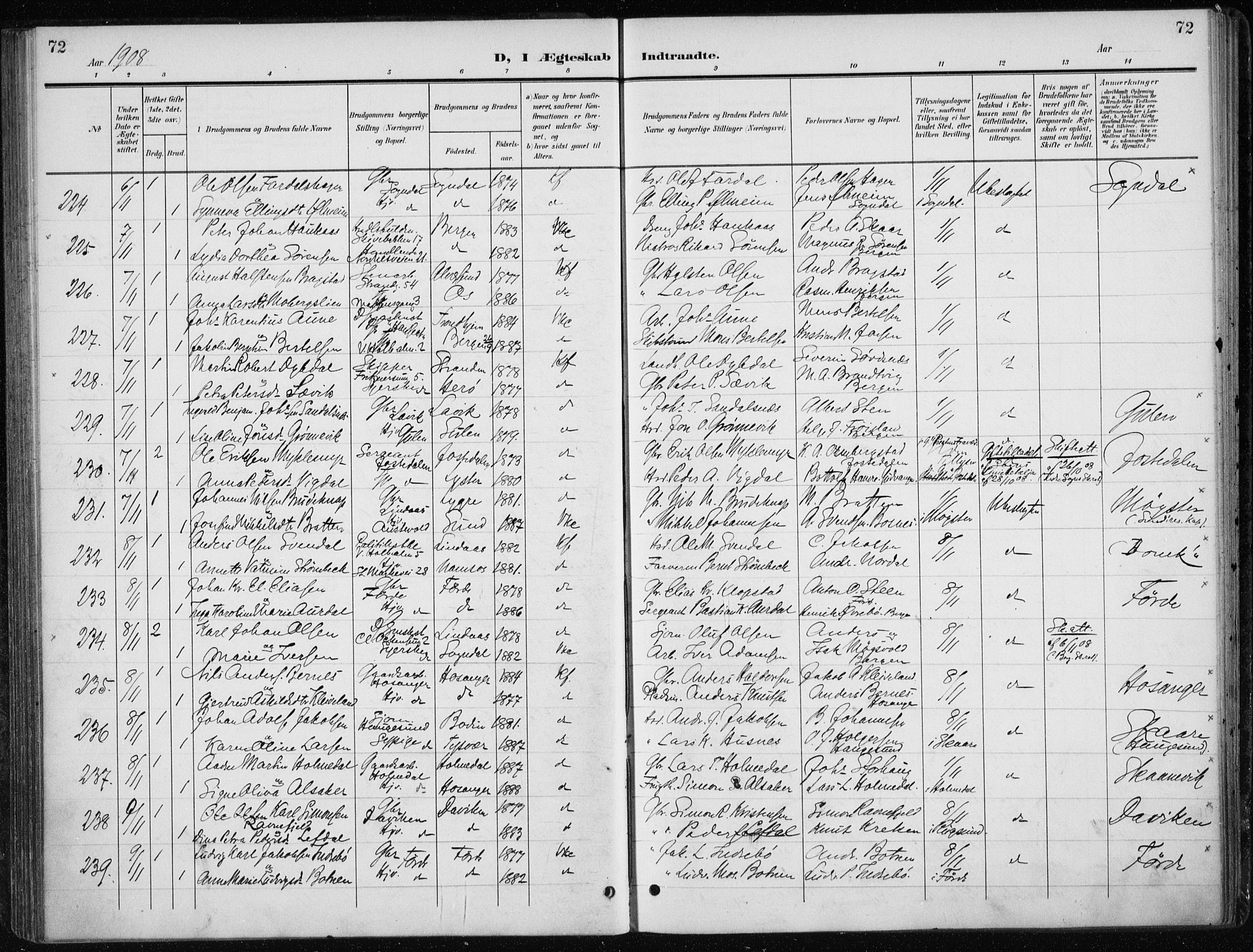 Nykirken Sokneprestembete, AV/SAB-A-77101/H/Haa/L0035: Parish register (official) no. D 5, 1905-1913, p. 72