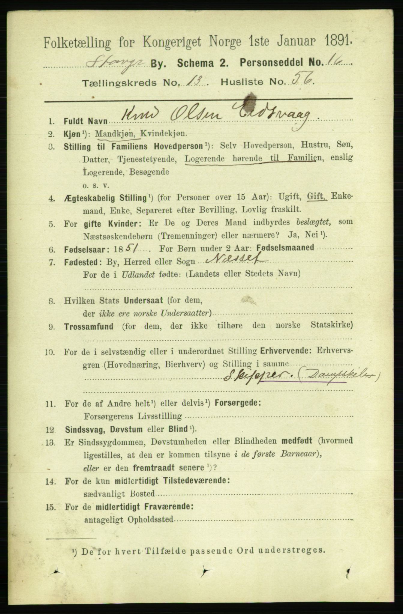 RA, 1891 census for 1103 Stavanger, 1891, p. 16480