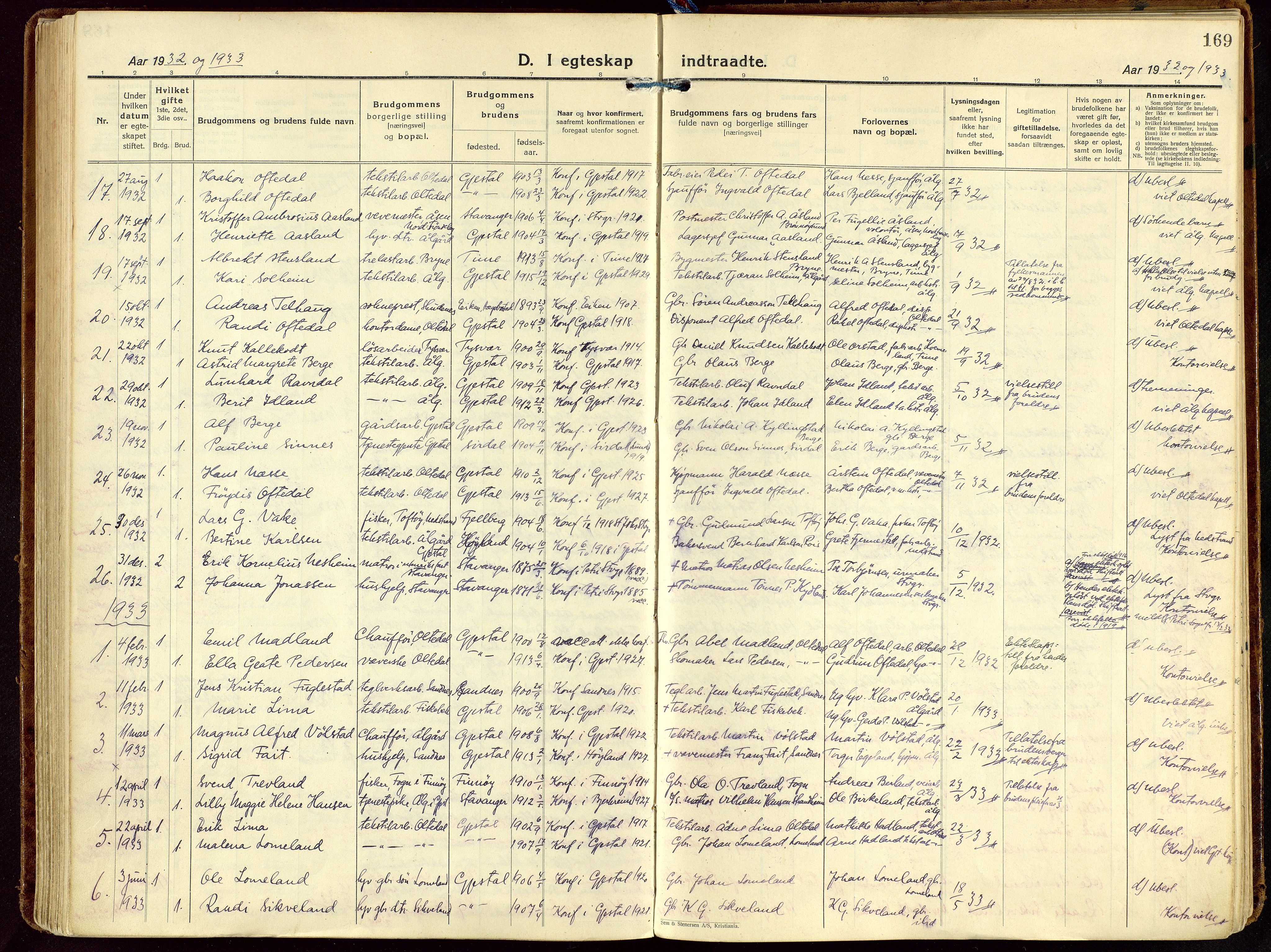Gjesdal sokneprestkontor, SAST/A-101796/003/O/L0001: Parish register (official) no. A 1, 1925-1949, p. 169