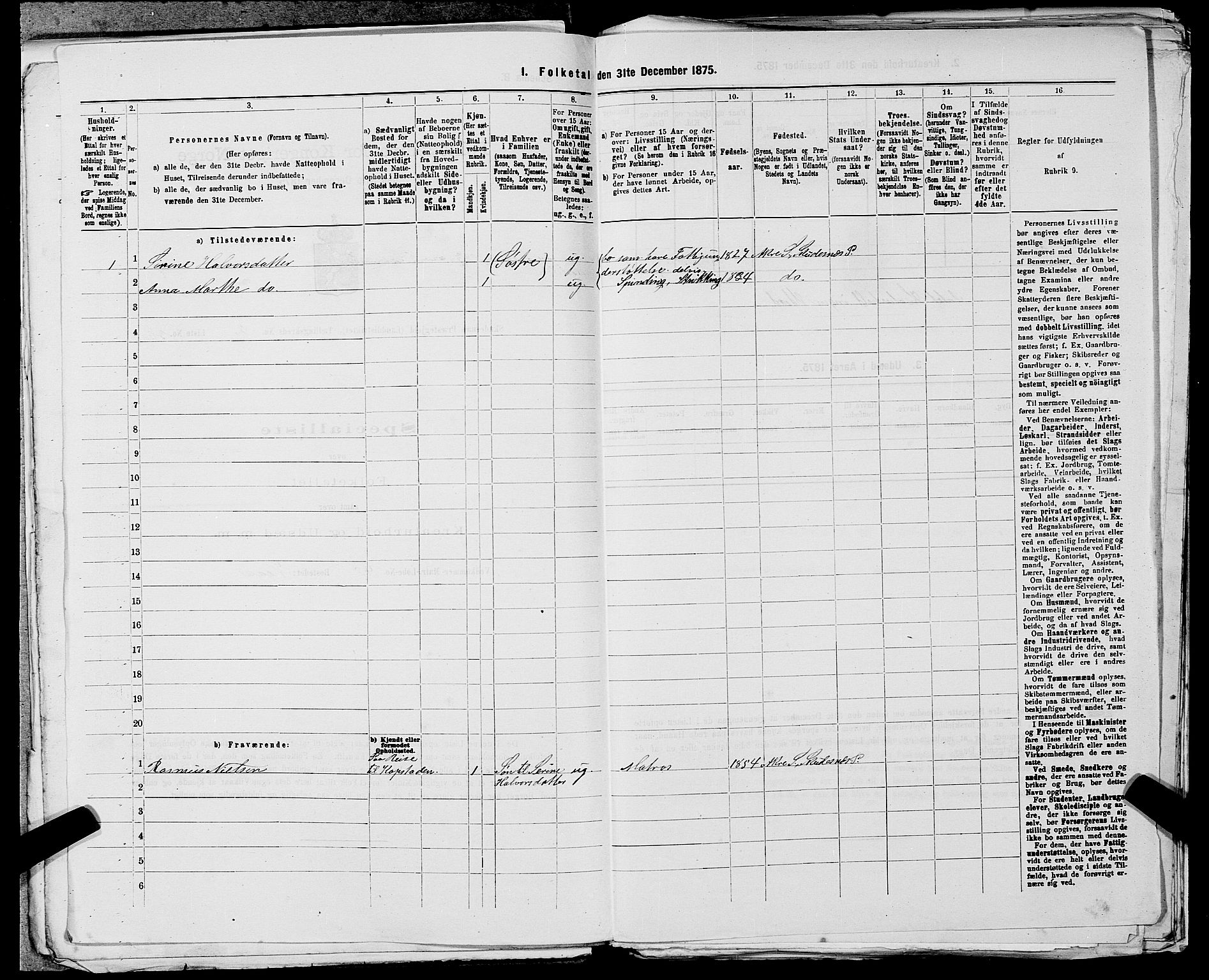 SAST, 1875 census for 1150L Skudenes/Falnes, Åkra og Ferkingstad, 1875, p. 222