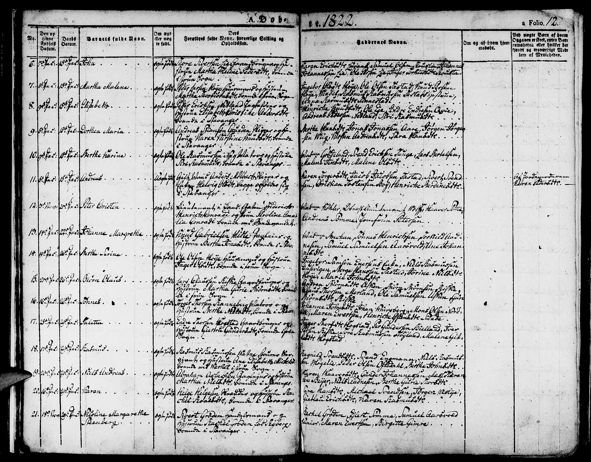 Domkirken sokneprestkontor, SAST/A-101812/001/30/30BA/L0009: Parish register (official) no. A 9, 1821-1832, p. 12