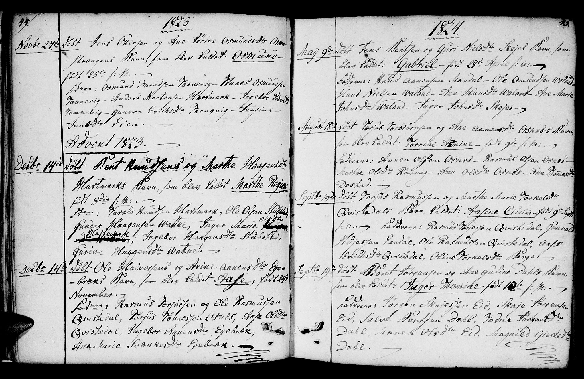 Mandal sokneprestkontor, SAK/1111-0030/F/Fb/Fbb/L0001: Parish register (copy) no. B 1, 1802-1846, p. 44-45