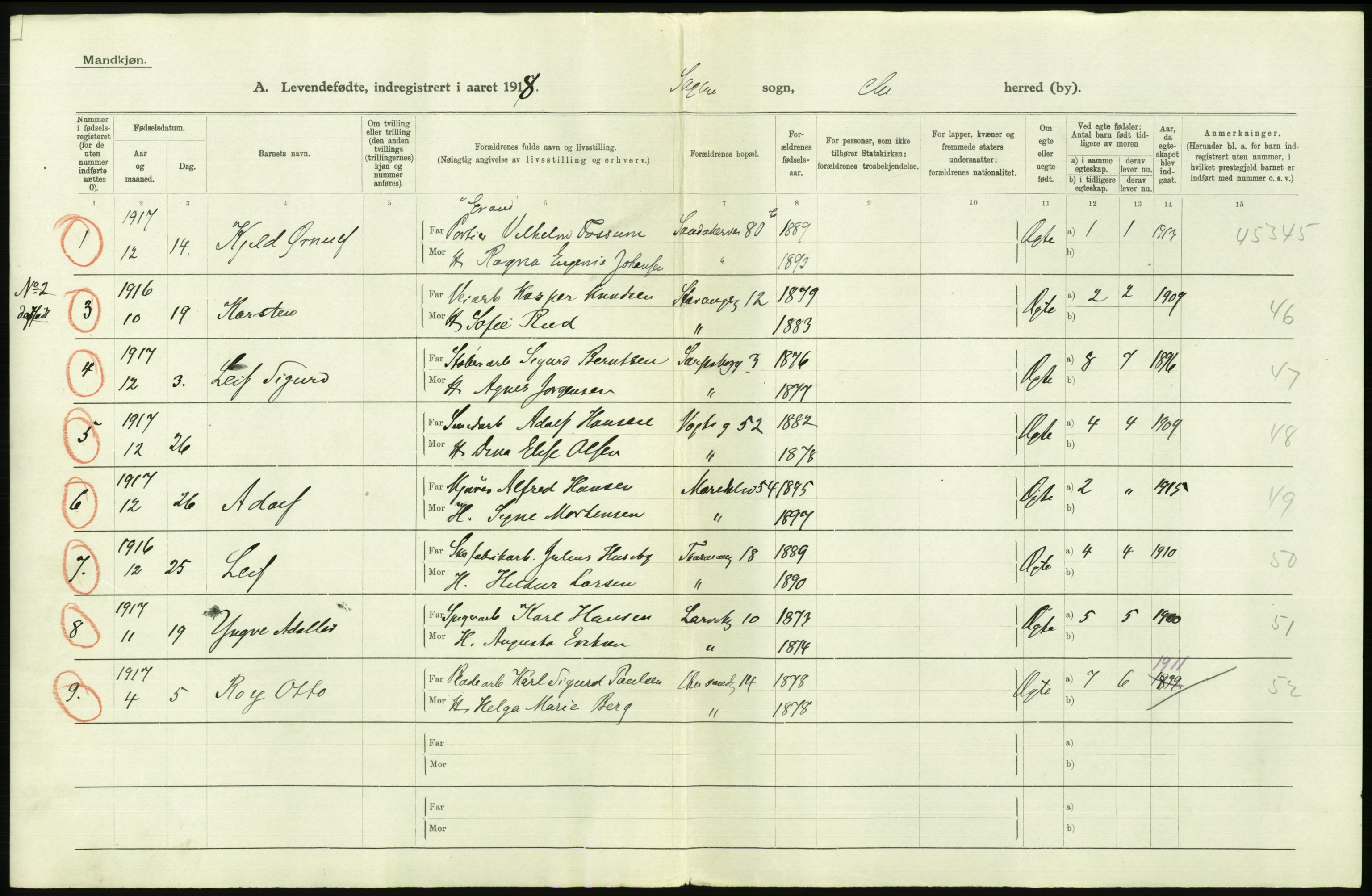 Statistisk sentralbyrå, Sosiodemografiske emner, Befolkning, AV/RA-S-2228/D/Df/Dfb/Dfbh/L0008: Kristiania: Levendefødte menn og kvinner., 1918, p. 802