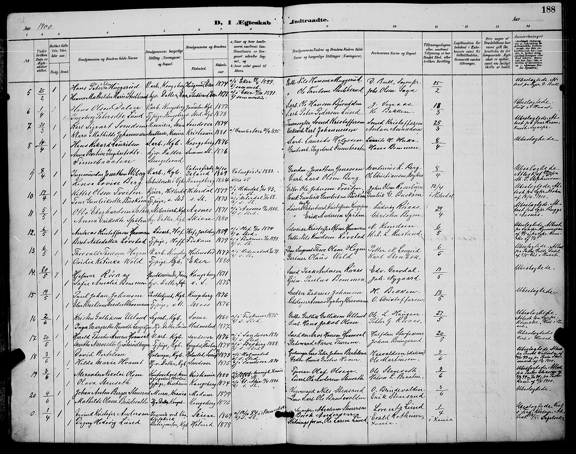 Kongsberg kirkebøker, AV/SAKO-A-22/G/Ga/L0006: Parish register (copy) no. 6, 1890-1901, p. 188