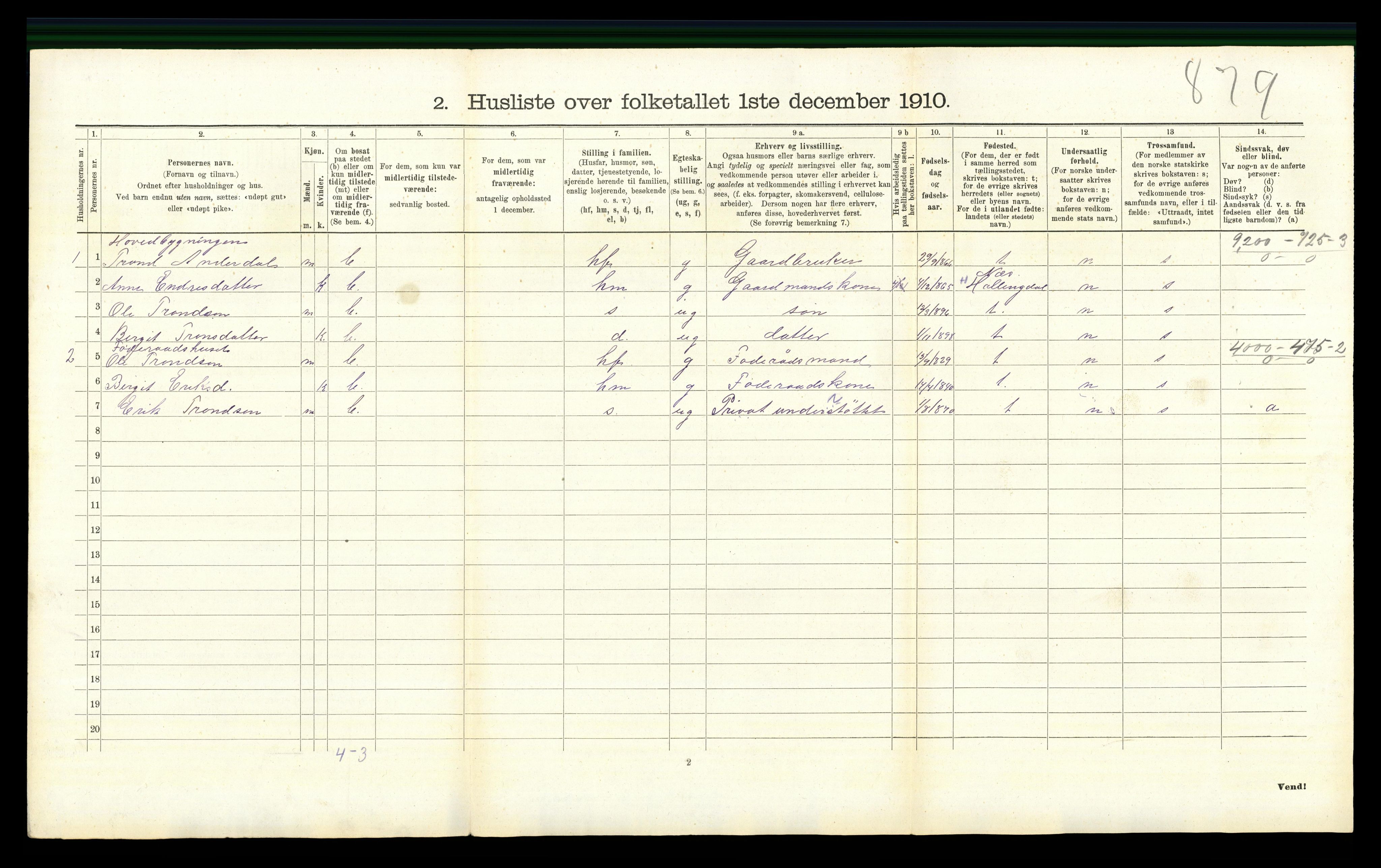 RA, 1910 census for Hemsedal, 1910, p. 353