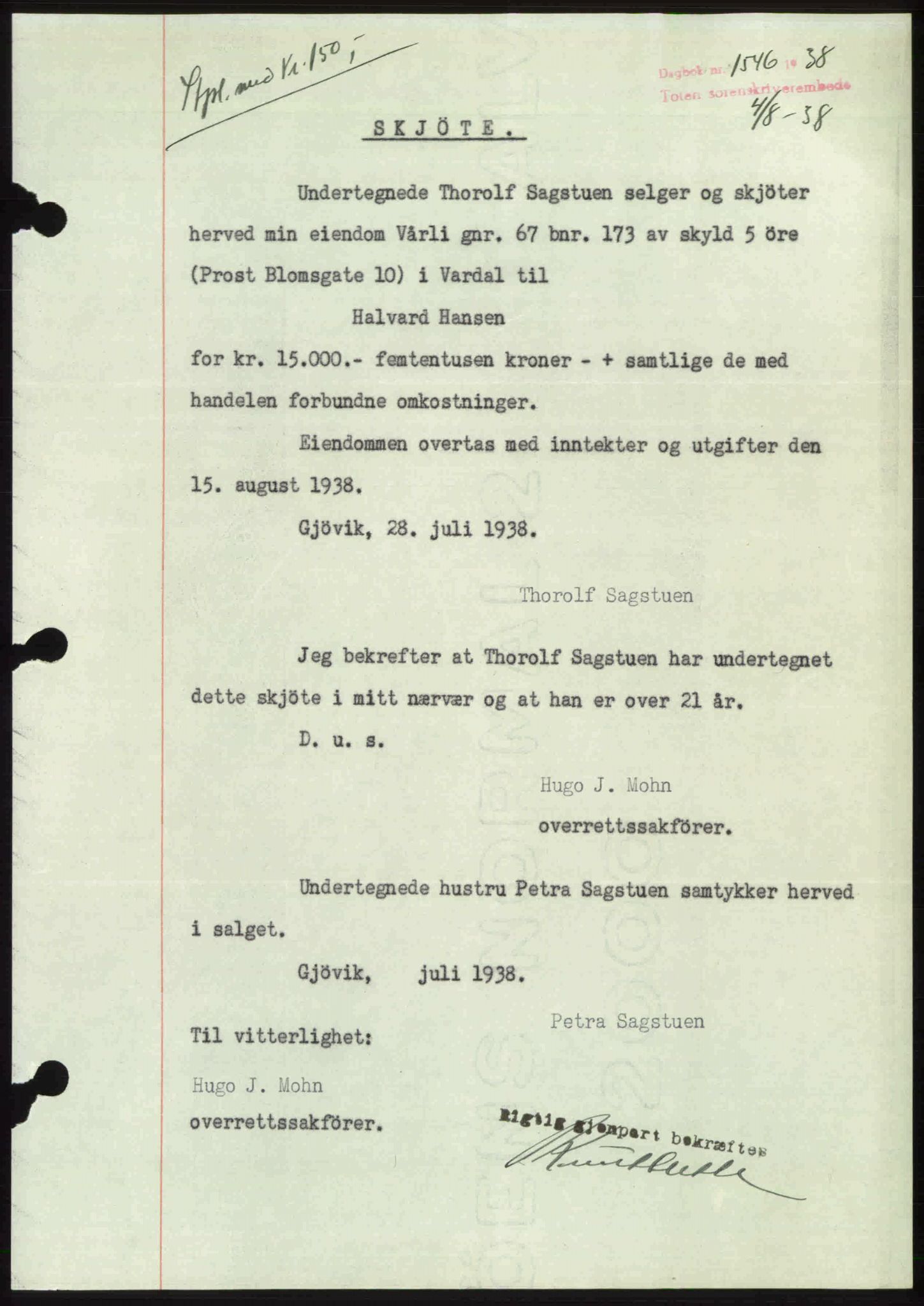 Toten tingrett, SAH/TING-006/H/Hb/Hbc/L0004: Mortgage book no. Hbc-04, 1938-1938, Diary no: : 1546/1938