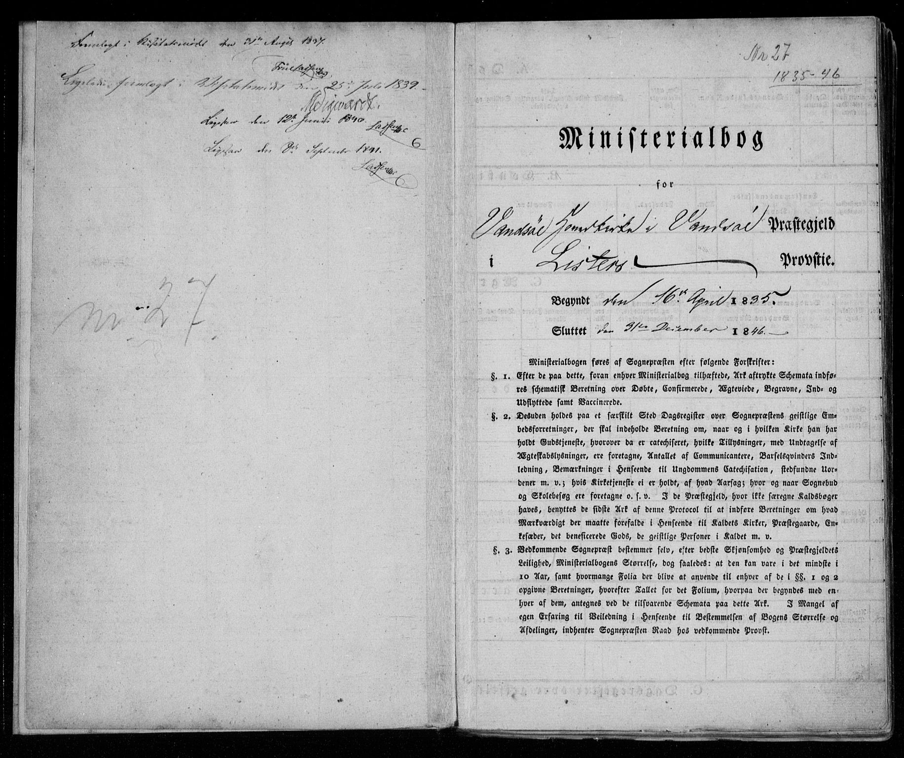 Lista sokneprestkontor, AV/SAK-1111-0027/F/Fa/L0009: Parish register (official) no. A 9, 1835-1846