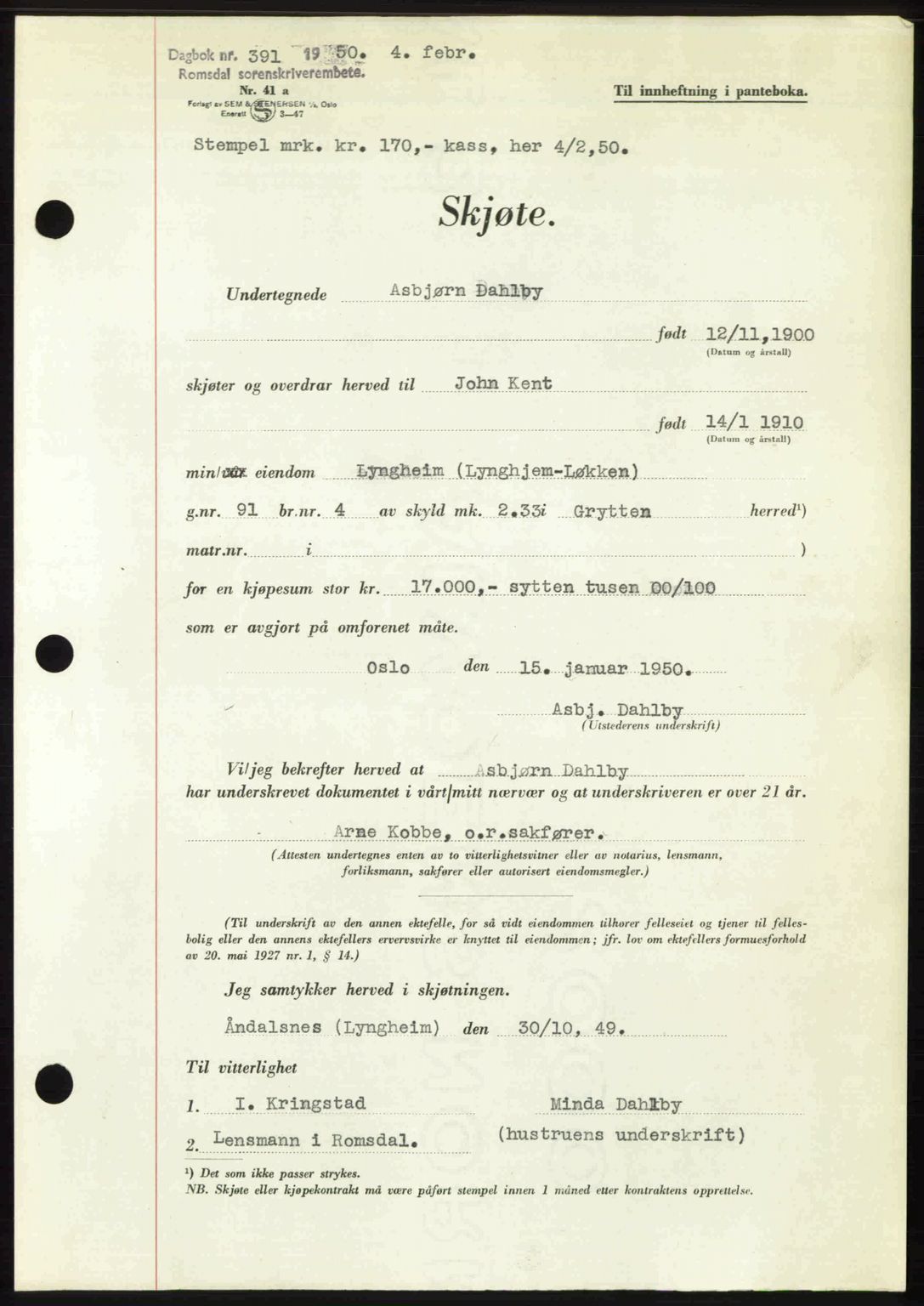 Romsdal sorenskriveri, AV/SAT-A-4149/1/2/2C: Mortgage book no. A32, 1950-1950, Diary no: : 391/1950