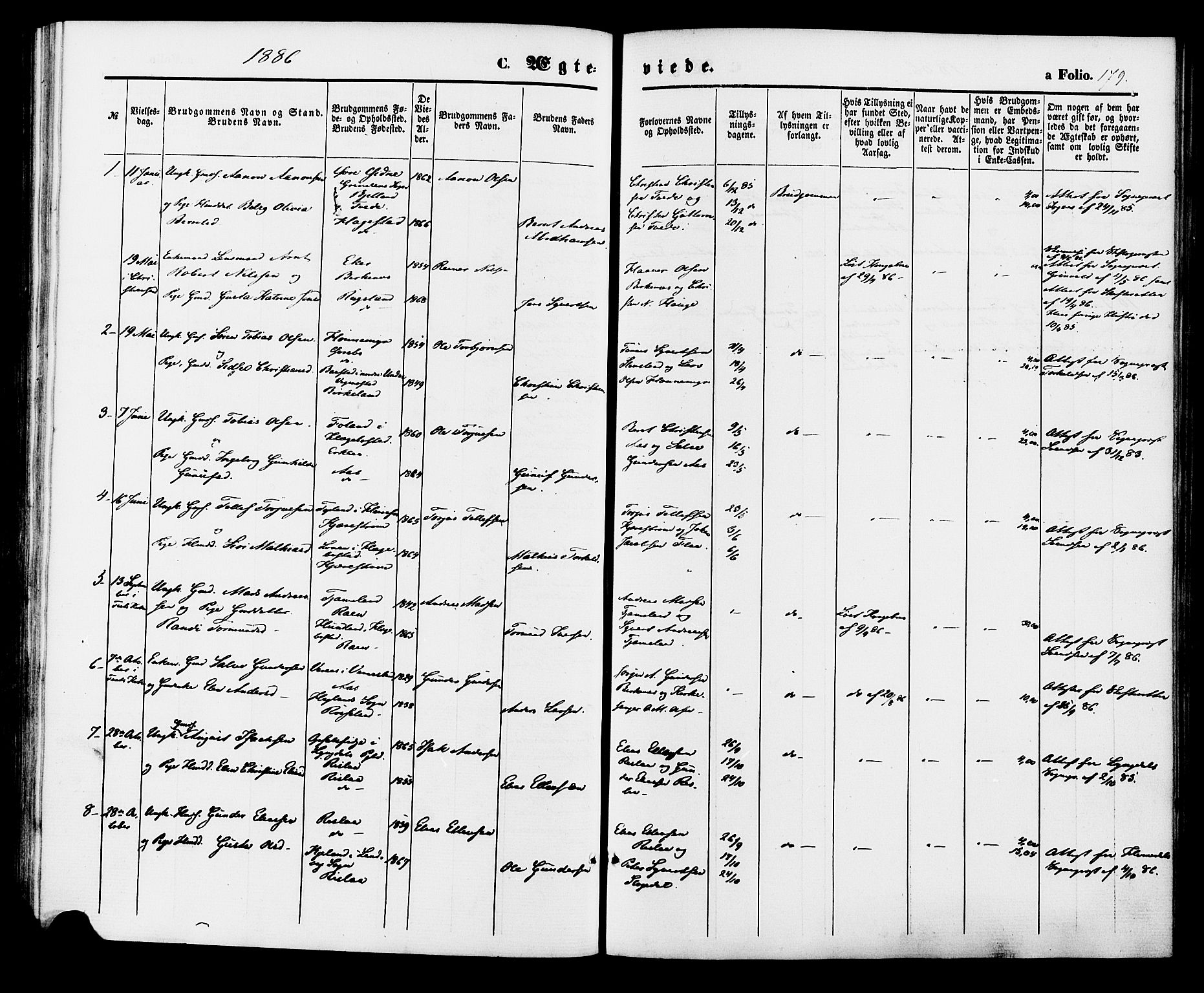 Birkenes sokneprestkontor, AV/SAK-1111-0004/F/Fa/L0004: Parish register (official) no. A 4, 1867-1886, p. 179