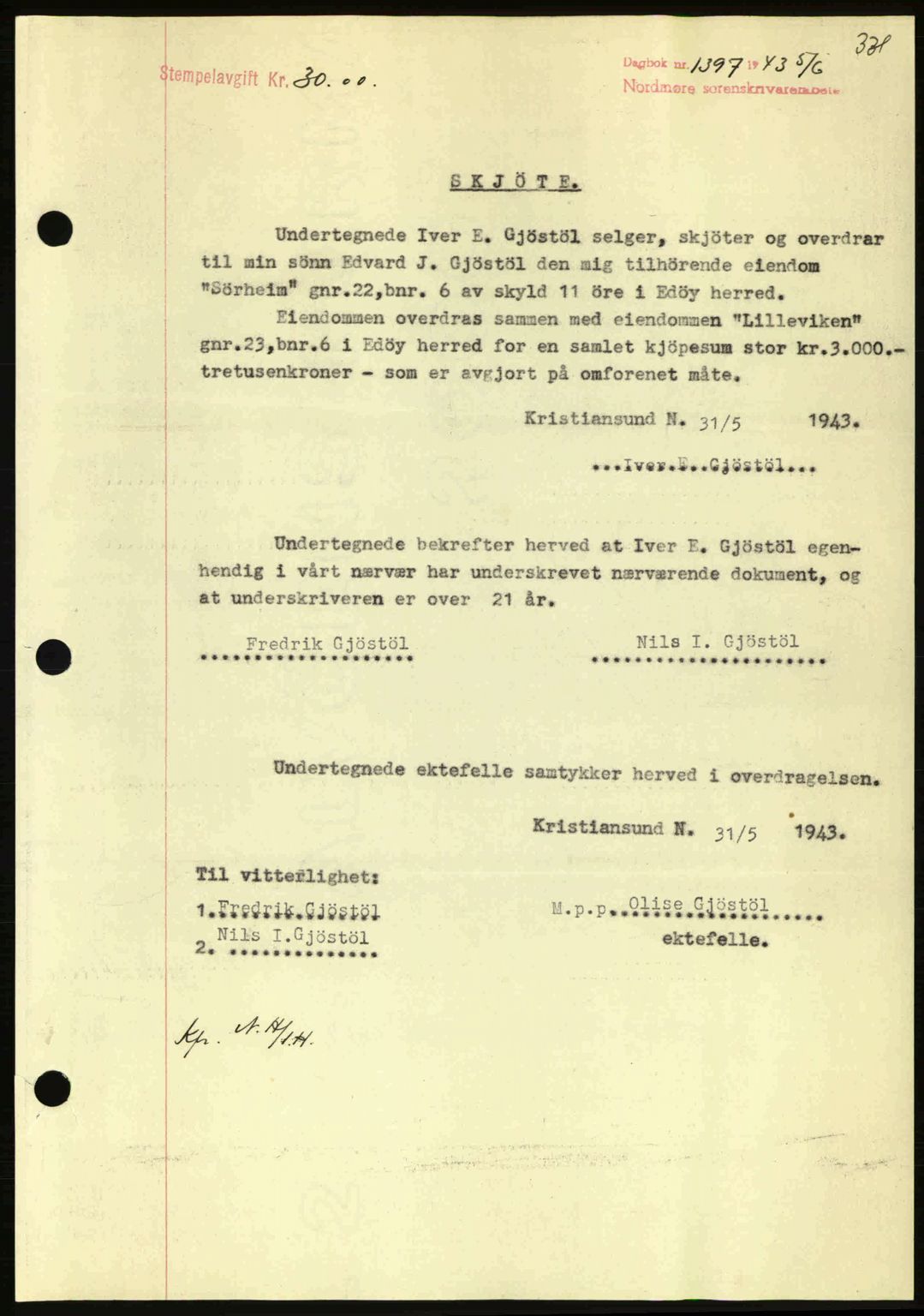 Nordmøre sorenskriveri, AV/SAT-A-4132/1/2/2Ca: Mortgage book no. A95, 1943-1943, Diary no: : 1397/1943