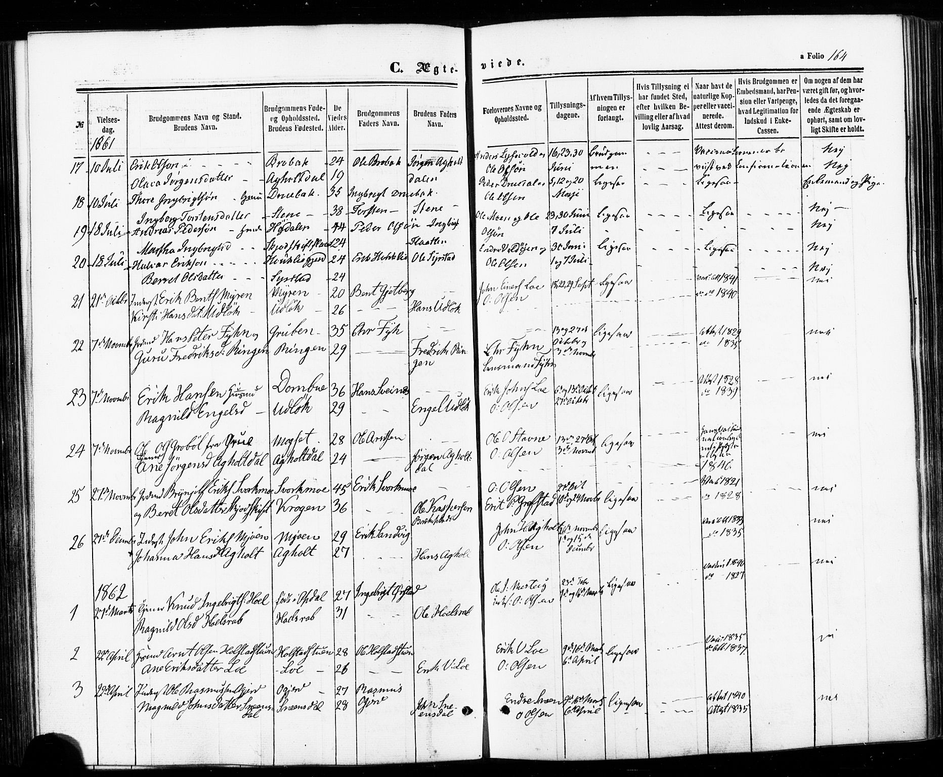 Ministerialprotokoller, klokkerbøker og fødselsregistre - Sør-Trøndelag, SAT/A-1456/672/L0856: Parish register (official) no. 672A08, 1861-1881, p. 164