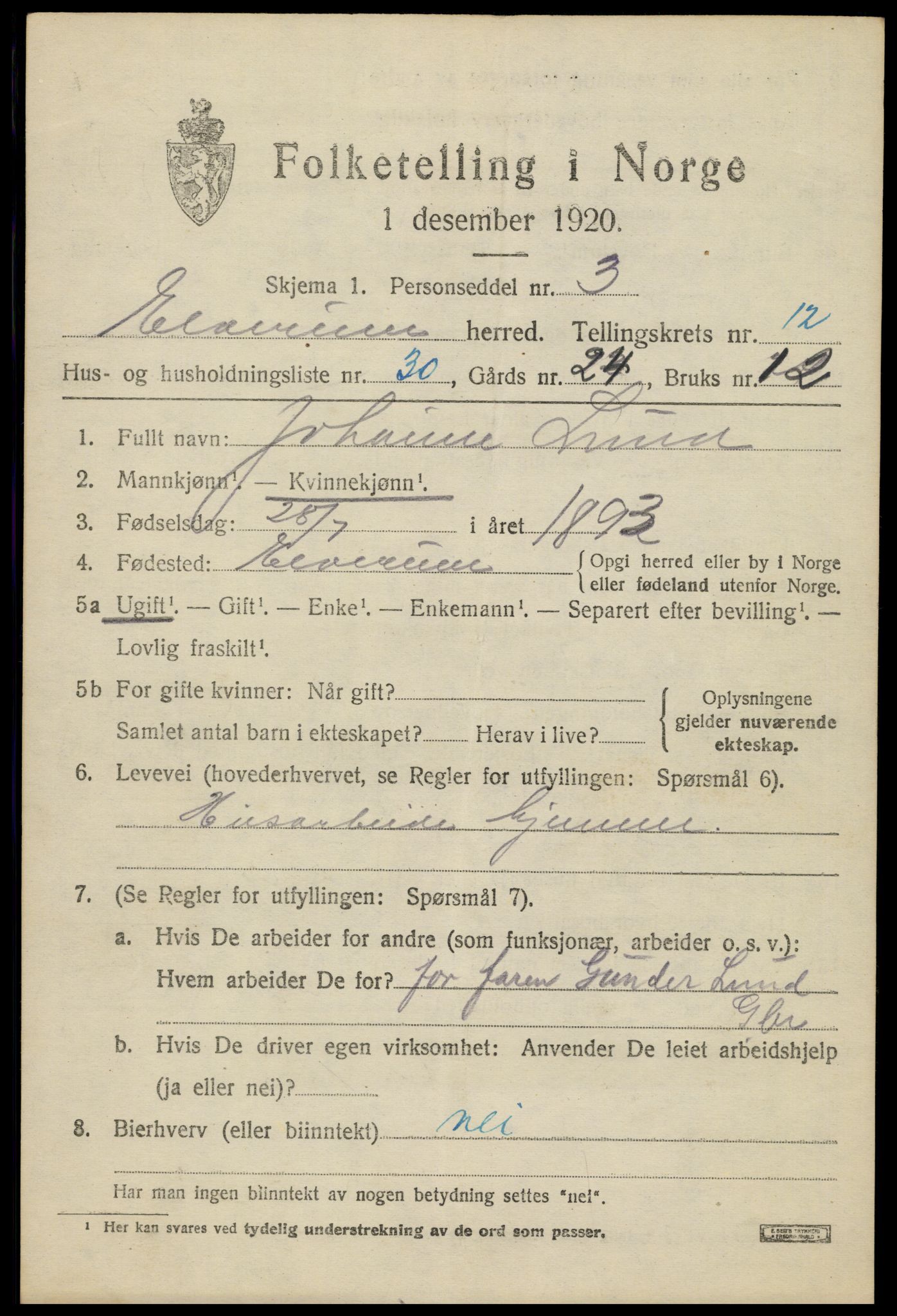 SAH, 1920 census for Elverum, 1920, p. 17262