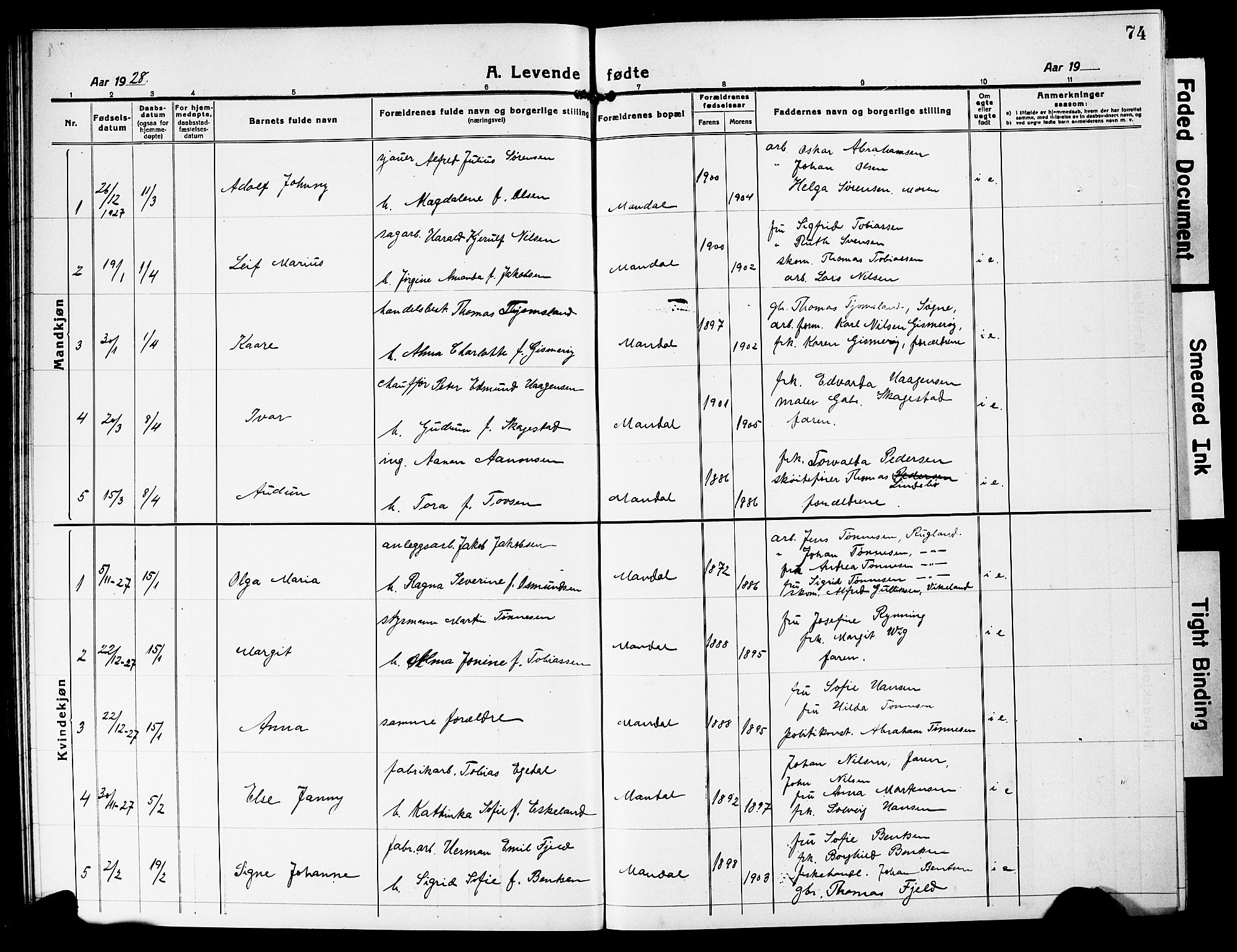 Mandal sokneprestkontor, SAK/1111-0030/F/Fb/Fbc/L0001: Parish register (copy) no. B 1, 1918-1931, p. 74