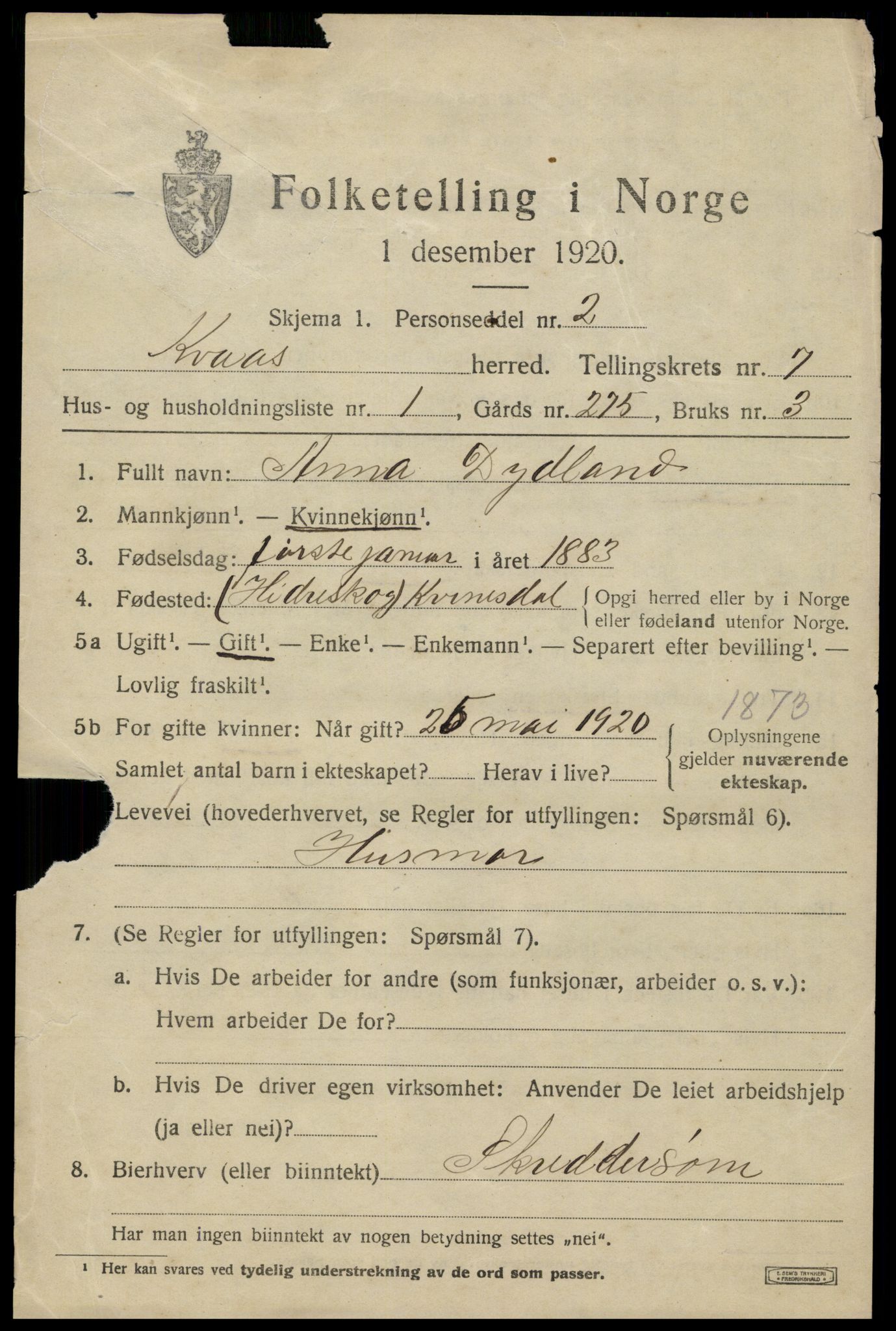 SAK, 1920 census for Kvås, 1920, p. 1736