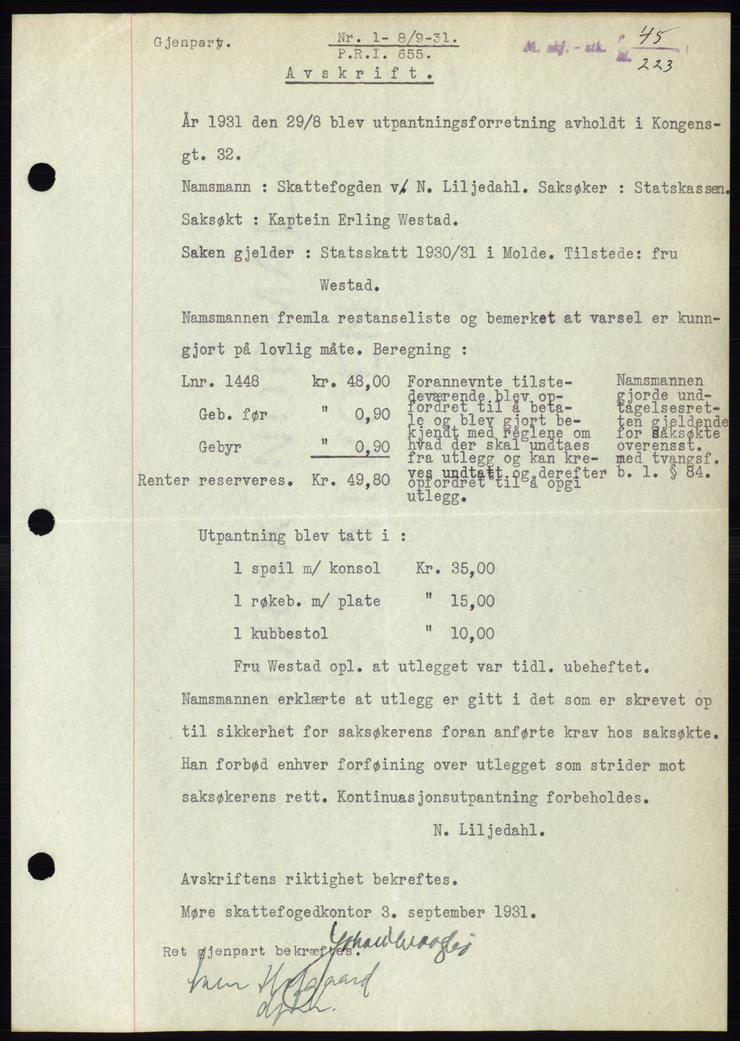 Ålesund byfogd, AV/SAT-A-4384: Mortgage book no. 27, 1930-1931, Deed date: 08.09.1931