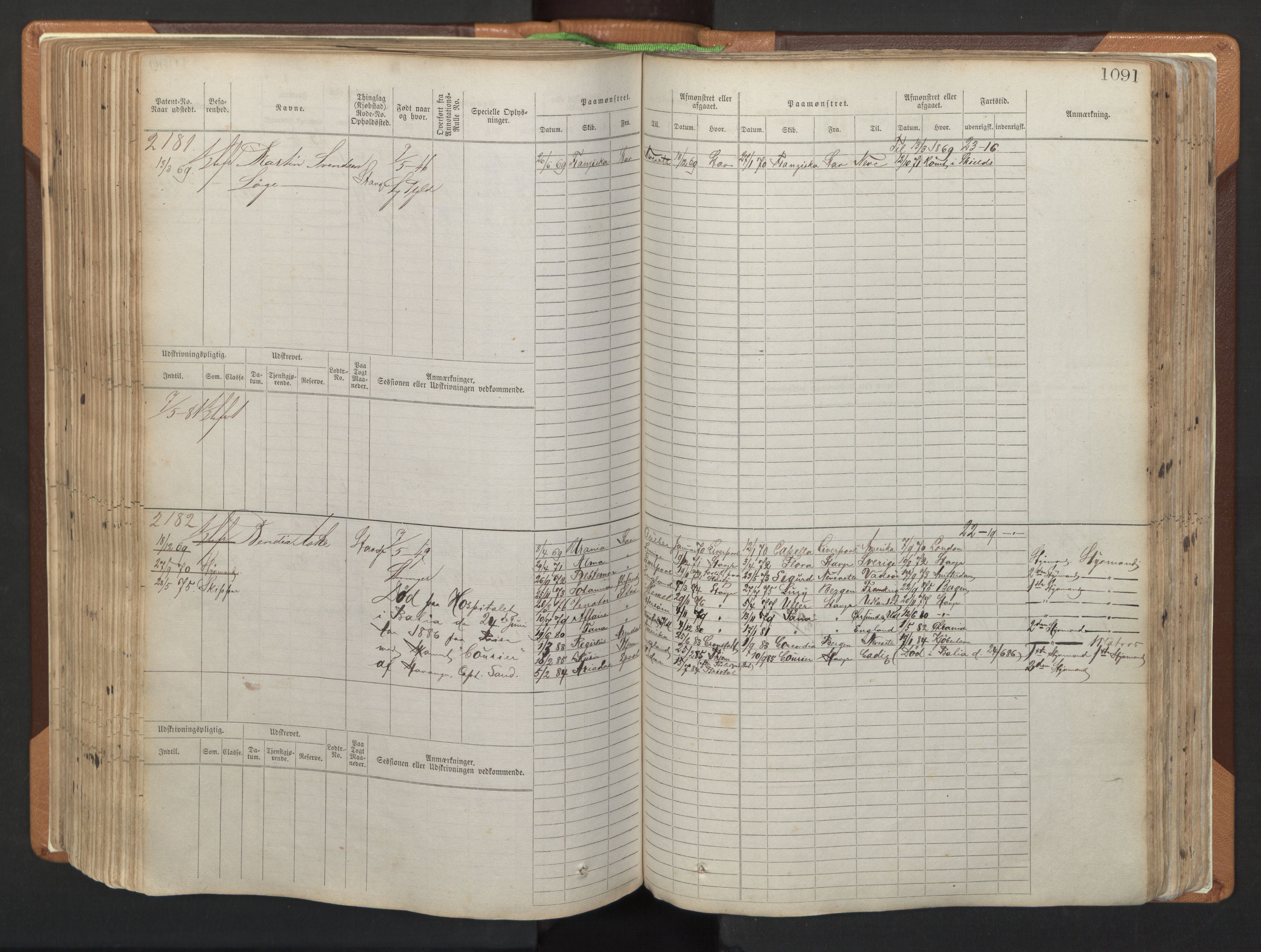 Stavanger sjømannskontor, AV/SAST-A-102006/F/Fb/Fbb/L0006: Sjøfartshovedrulle, patentnr. 1607-2402 (del 3), 1869-1880, p. 291