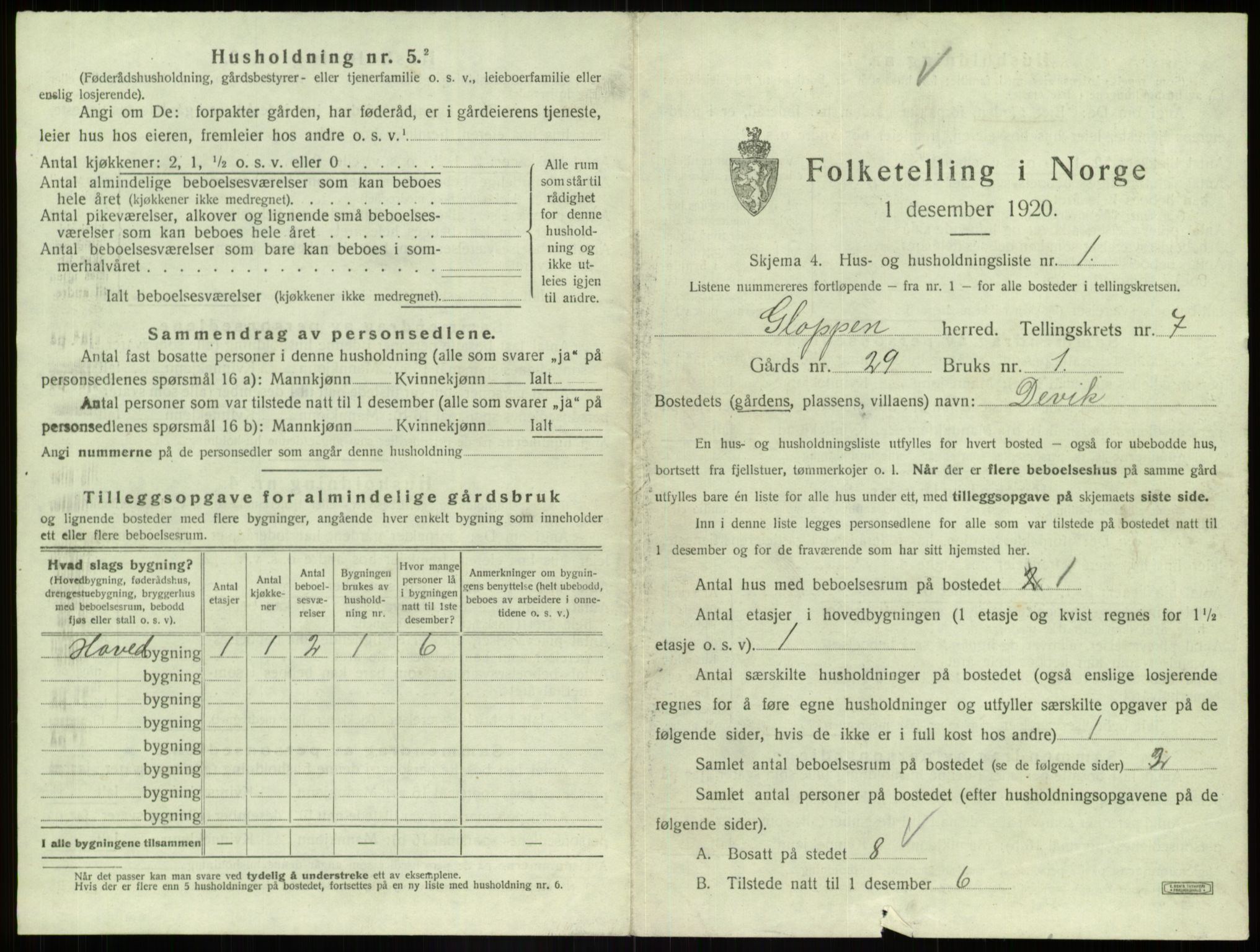 SAB, 1920 census for Gloppen, 1920, p. 495