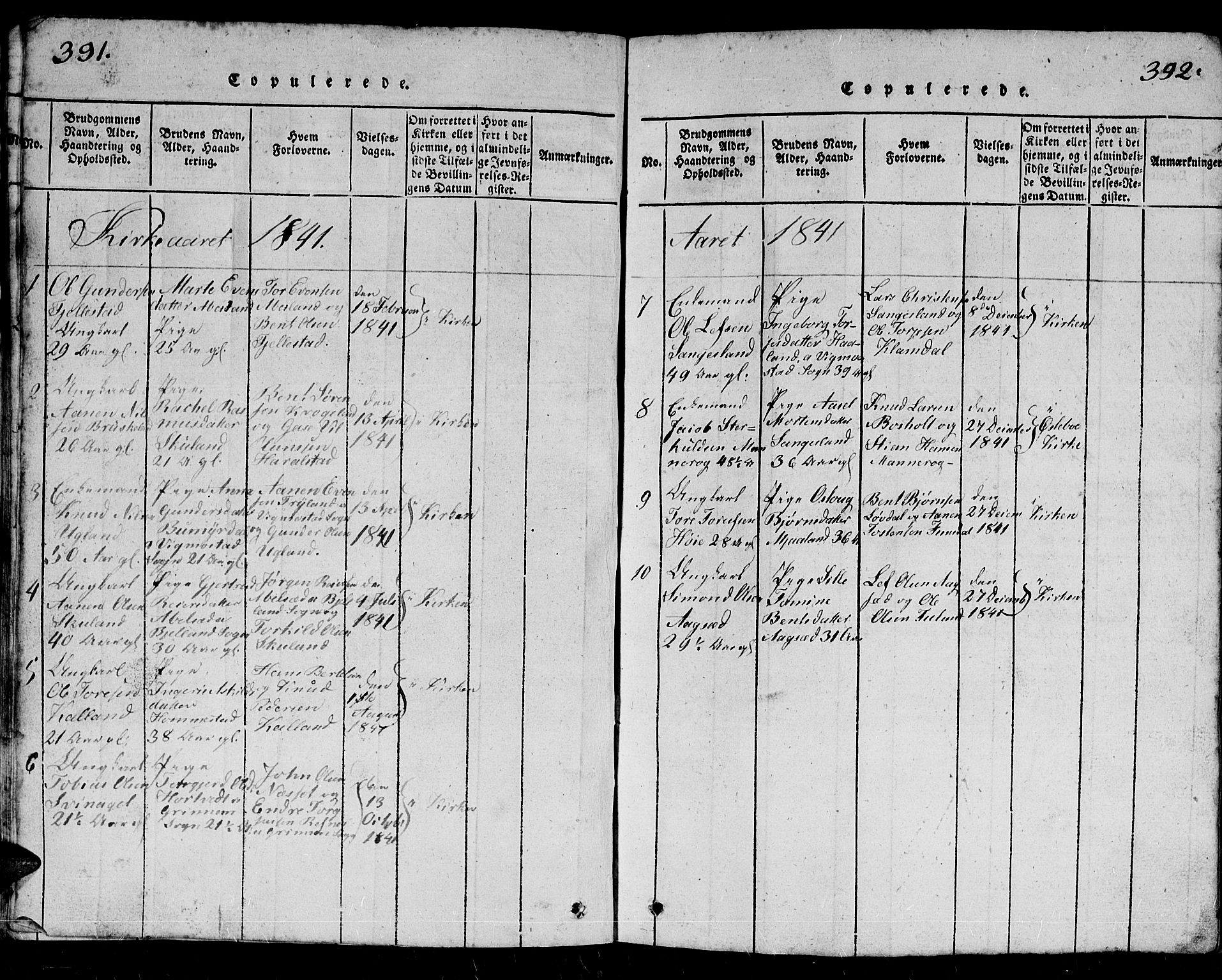 Holum sokneprestkontor, SAK/1111-0022/F/Fb/Fbb/L0001: Parish register (copy) no. B 1, 1820-1847, p. 391-392