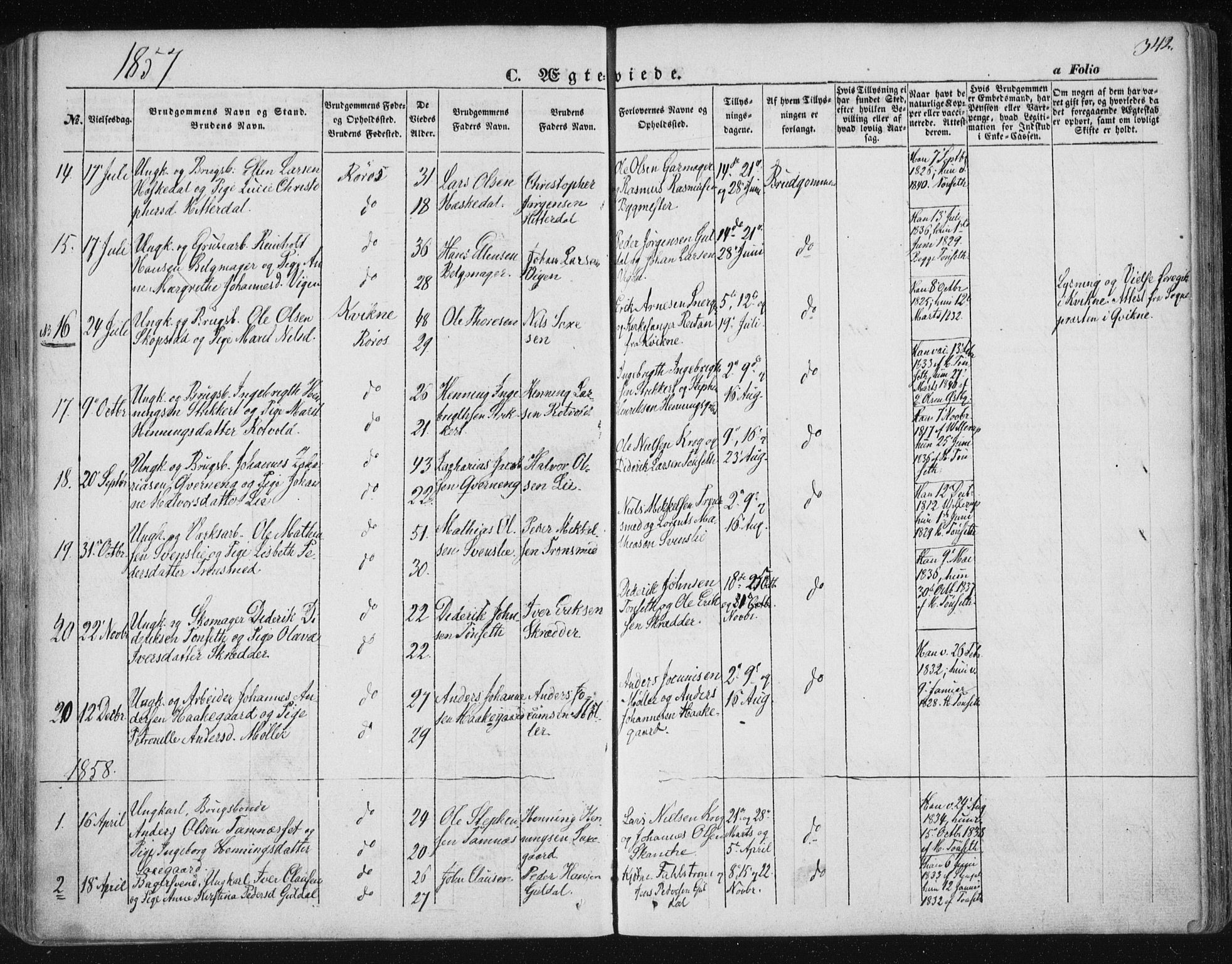 Ministerialprotokoller, klokkerbøker og fødselsregistre - Sør-Trøndelag, SAT/A-1456/681/L0931: Parish register (official) no. 681A09, 1845-1859, p. 342