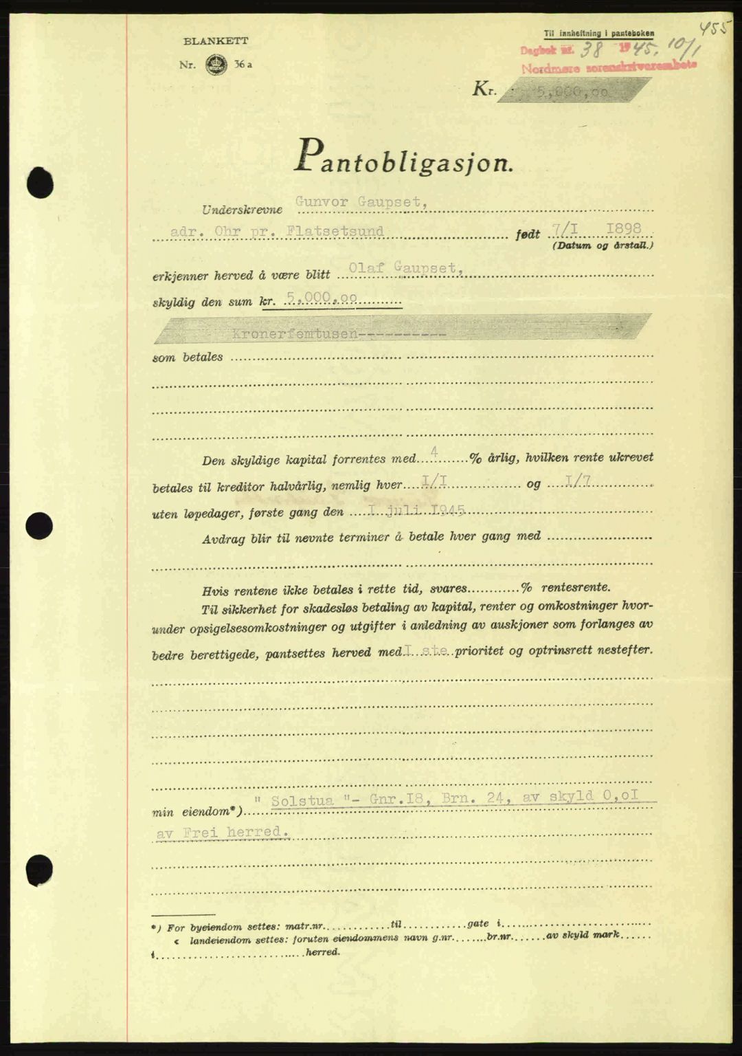 Nordmøre sorenskriveri, AV/SAT-A-4132/1/2/2Ca: Mortgage book no. B92, 1944-1945, Diary no: : 38/1945