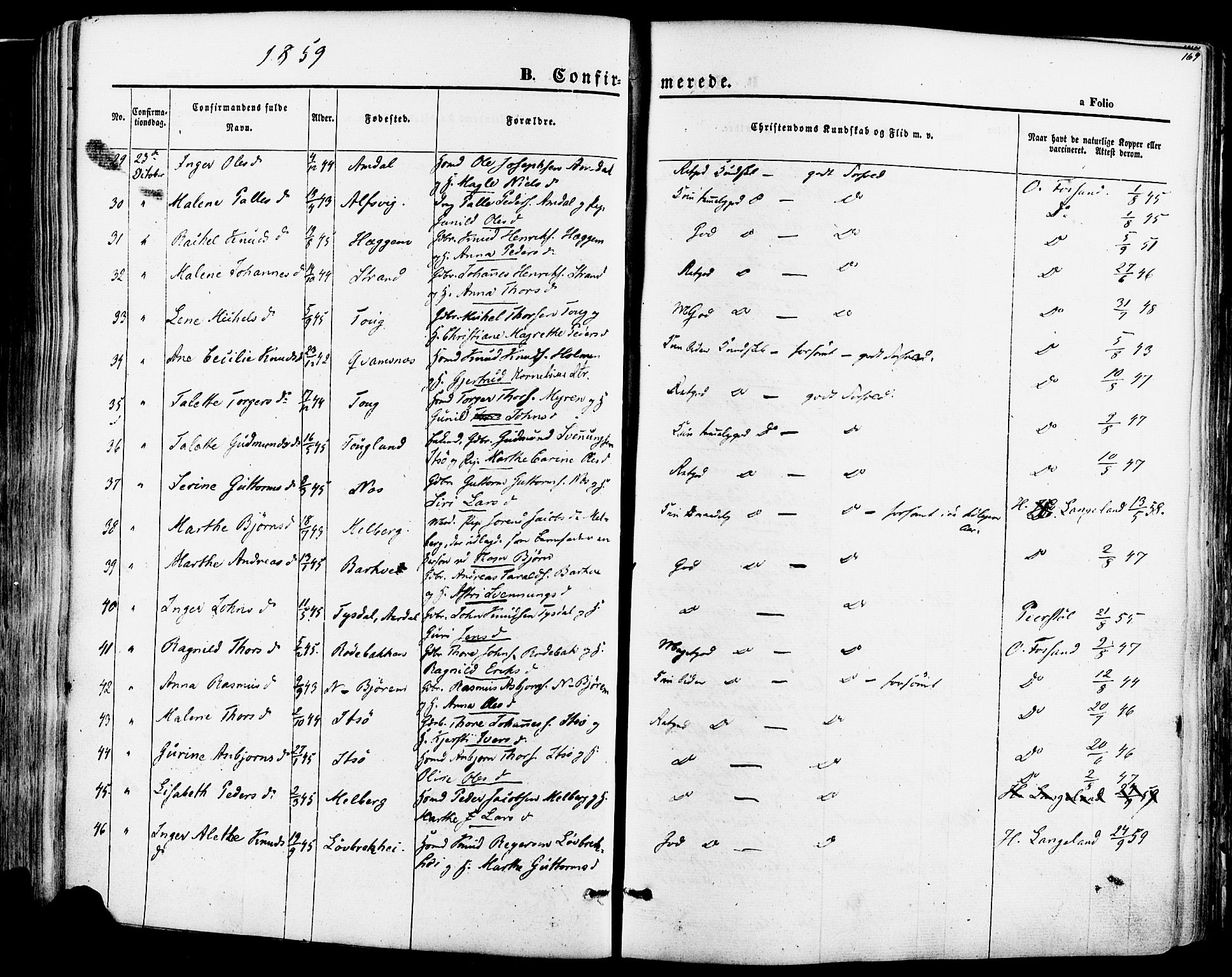 Strand sokneprestkontor, AV/SAST-A-101828/H/Ha/Haa/L0007: Parish register (official) no. A 7, 1855-1881, p. 169