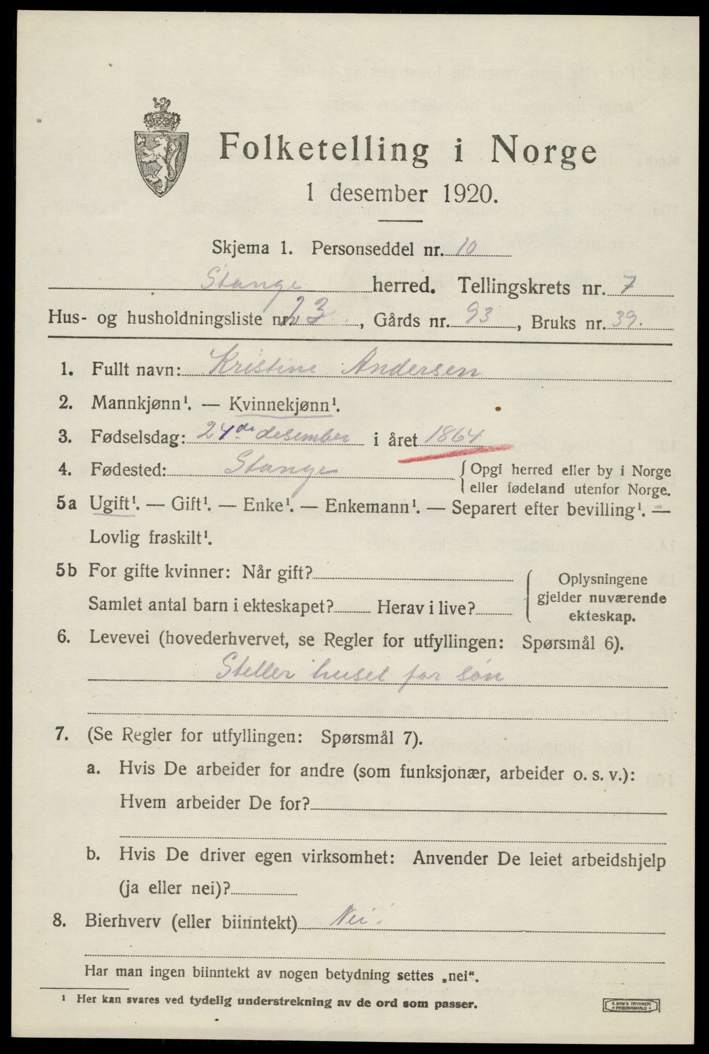 SAH, 1920 census for Stange, 1920, p. 12507