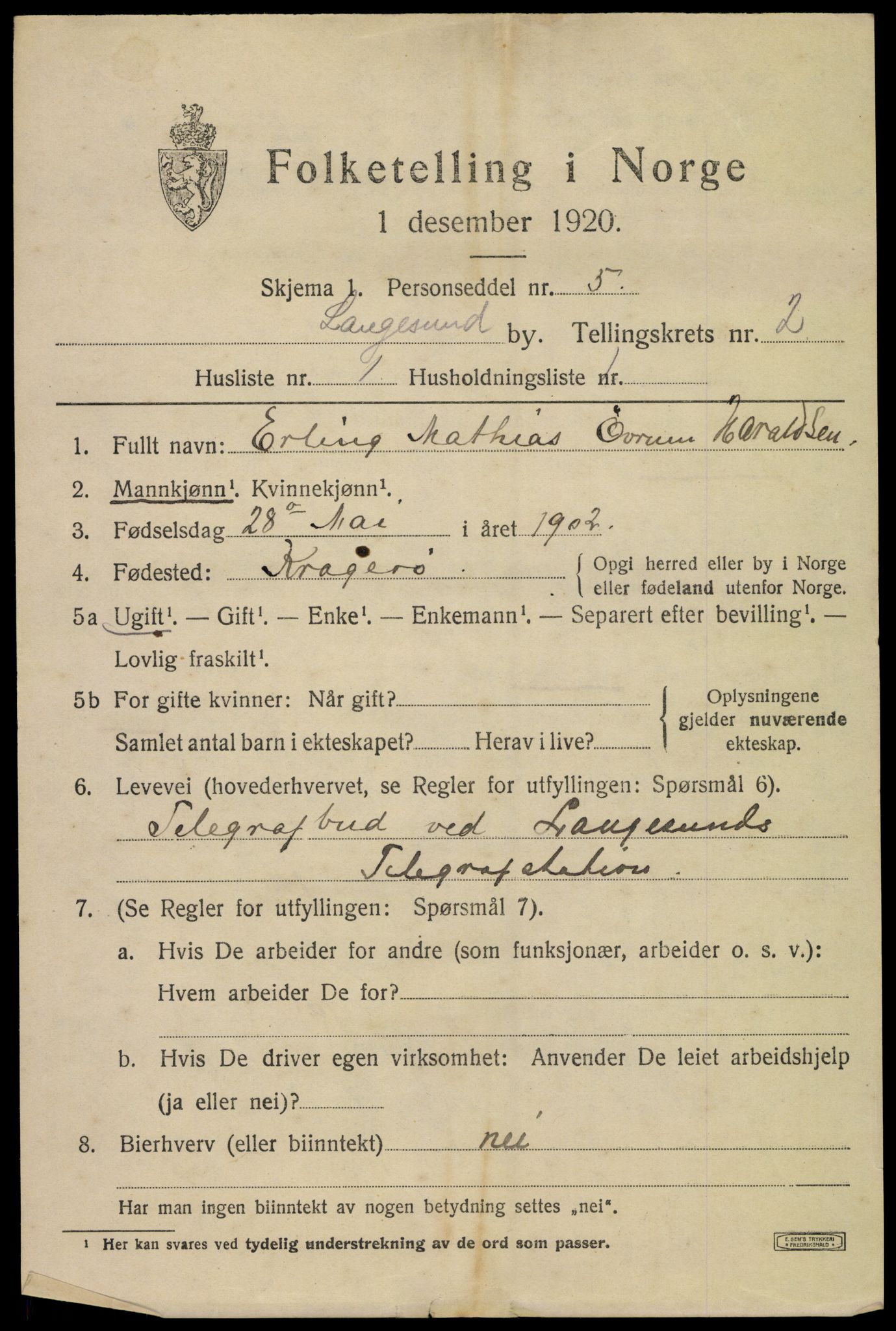 SAKO, 1920 census for Langesund, 1920, p. 3693