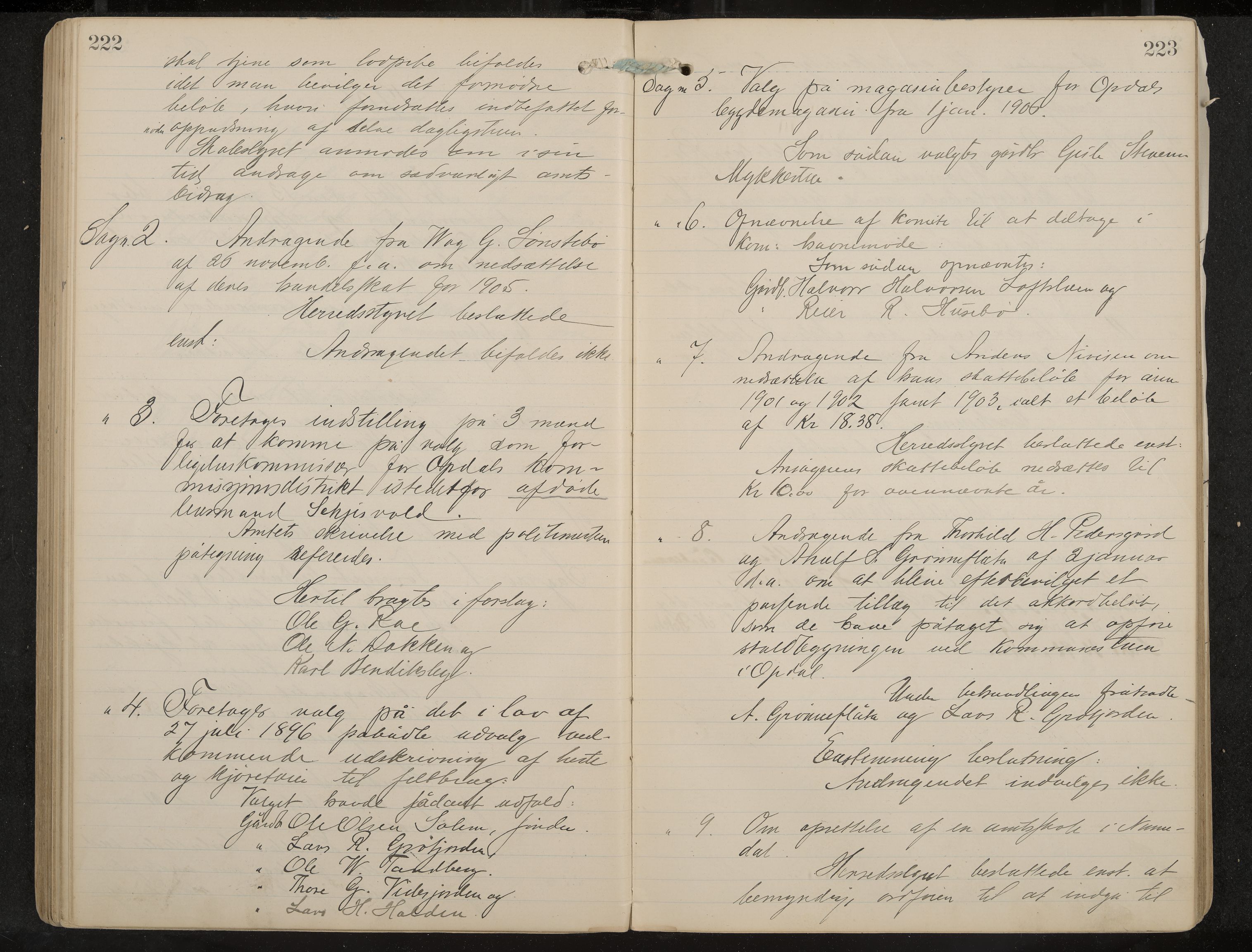 Uvdal formannskap og sentraladministrasjon, IKAK/0634021/A/Aa/L0001: Møtebok, 1901-1909, p. 222-223