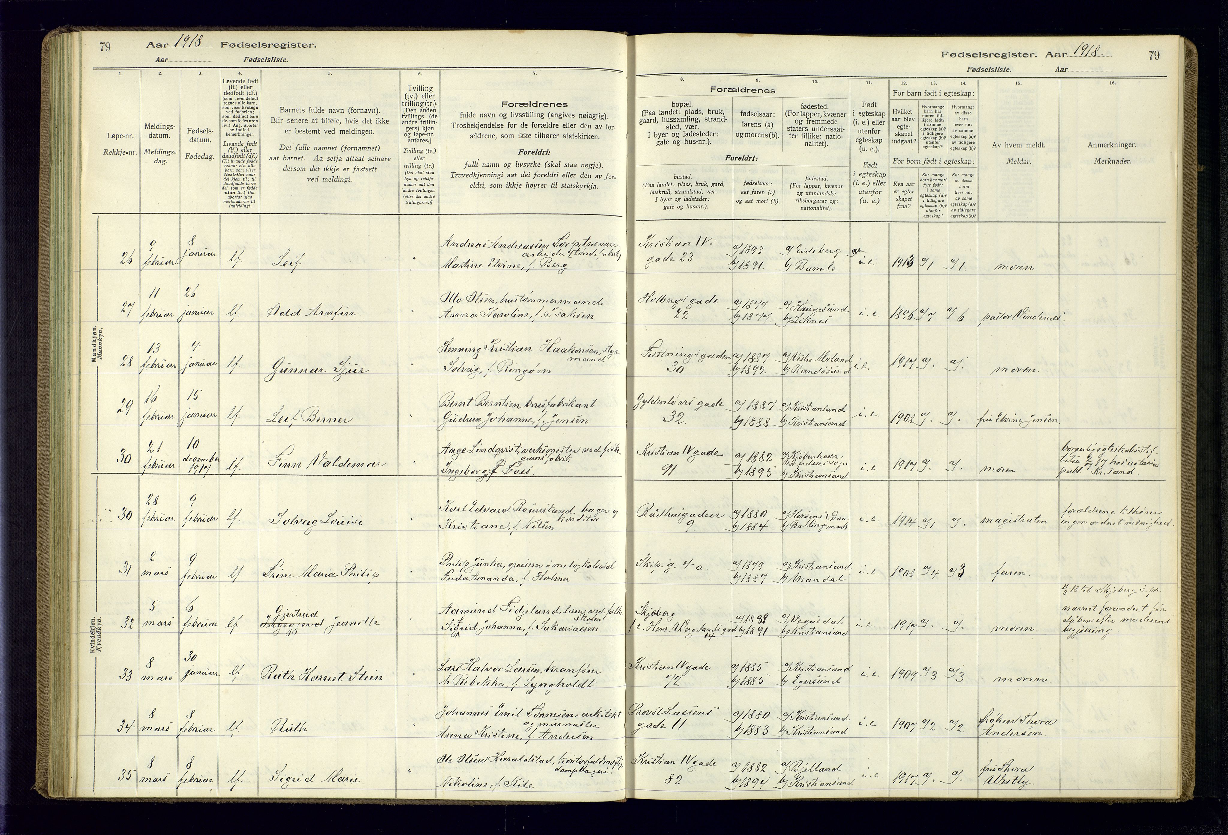 Kristiansand domprosti, AV/SAK-1112-0006/J/Jc/L0001: Birth register no. A-VI-45, 1916-1921, p. 79